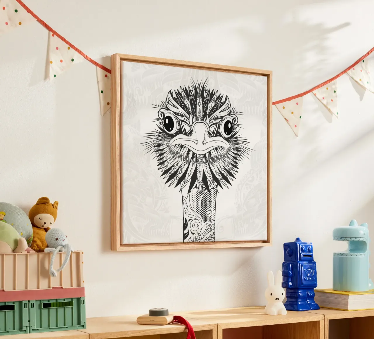 Testa di struzzo in stile disegno tribale - motivo in bianco e nero tela con Cornice a cassetta da NA/MO