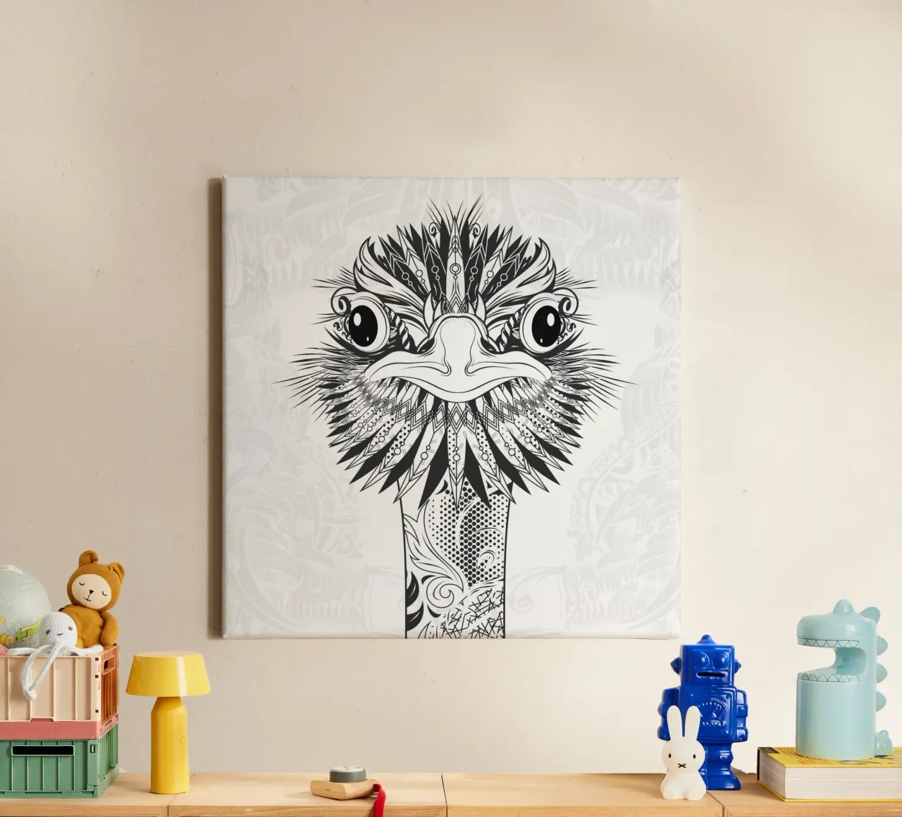 Testa di struzzo in stile disegno tribale - motivo in bianco e nero tela con Cornice a cassetta da NA/MO