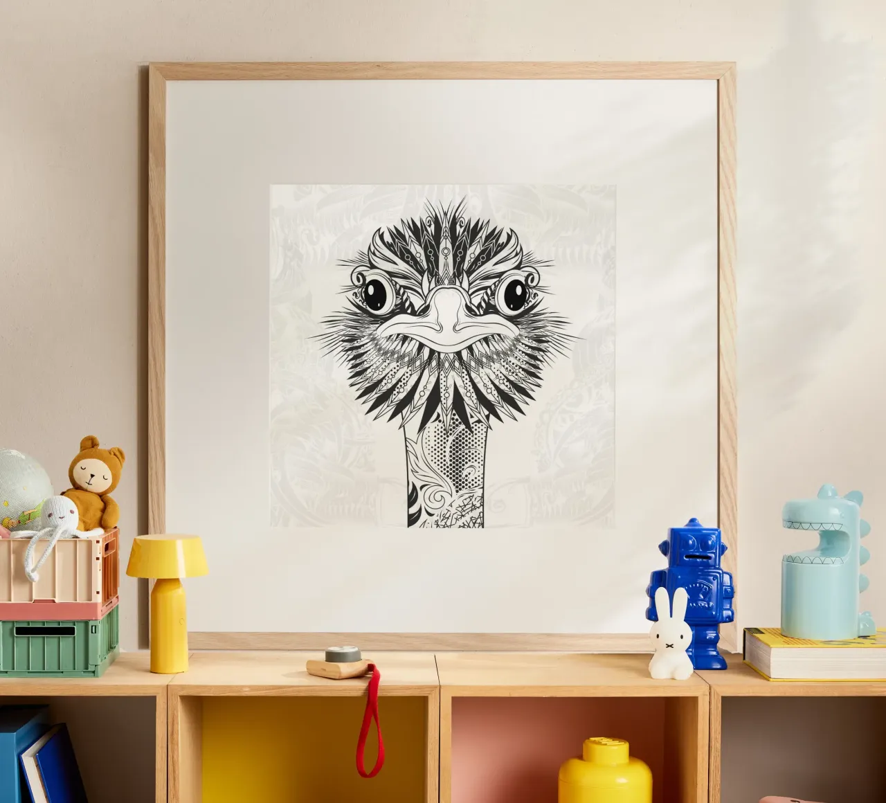 Testa di struzzo in stile disegno tribale - motivo in bianco e nero poster con telaio in plastica da NA/MO