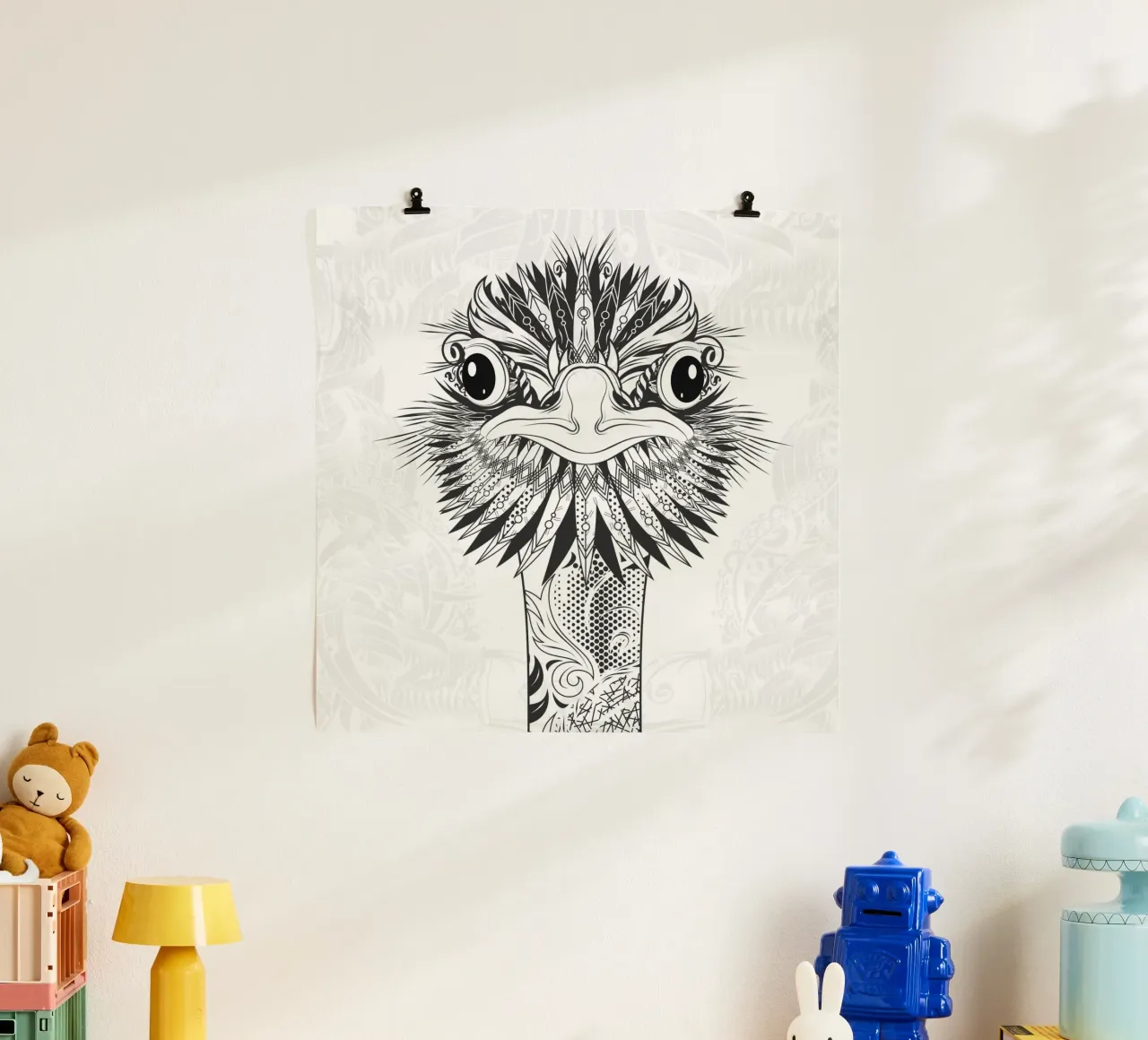 Testa di struzzo in stile disegno tribale - motivo in bianco e nero poster con telaio in plastica da NA/MO