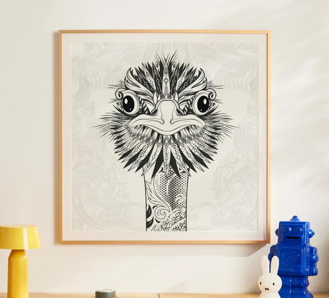 Testa di struzzo in stile disegno tribale - motivo in bianco e nero poster con telaio in plastica da NA/MO