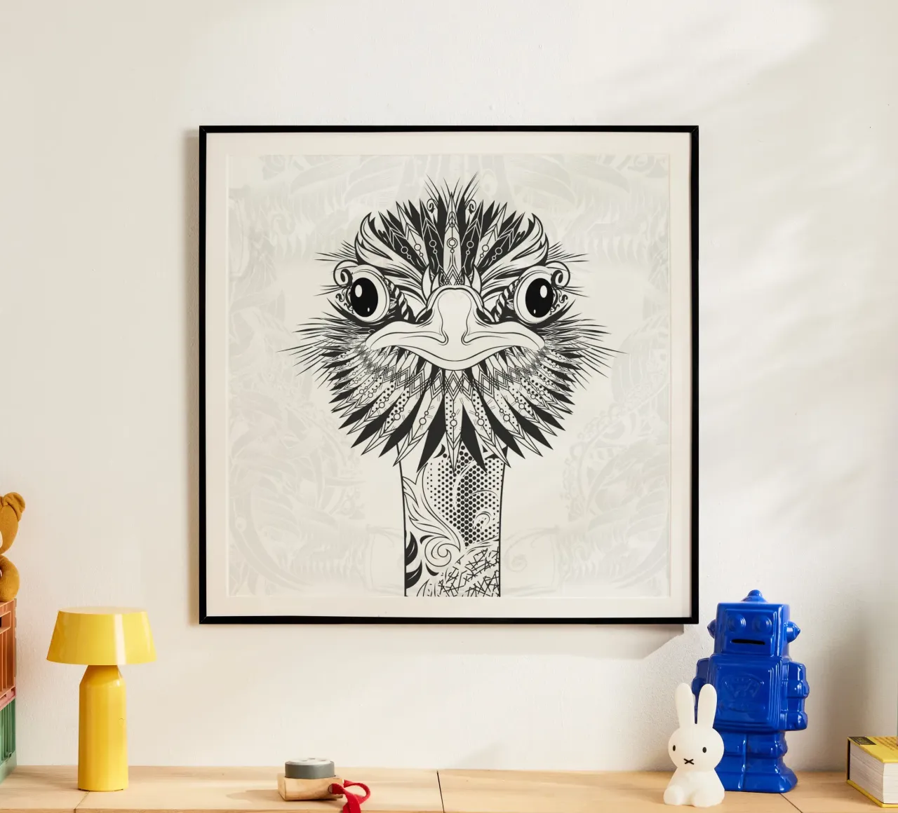 Testa di struzzo in stile disegno tribale - motivo in bianco e nero poster con telaio in plastica da NA/MO