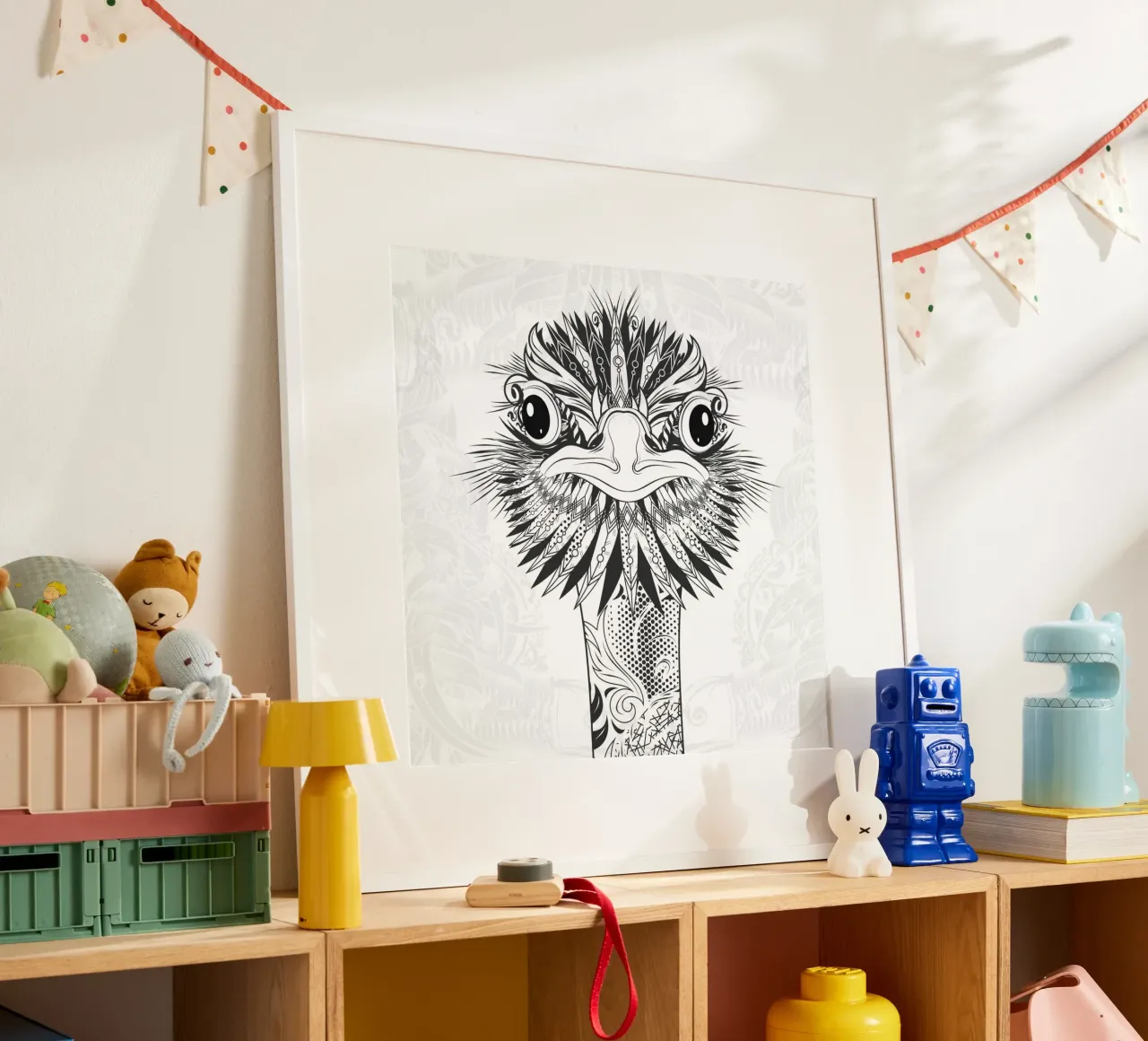 Testa di struzzo in stile disegno tribale - motivo in bianco e nero poster con telaio in plastica da NA/MO