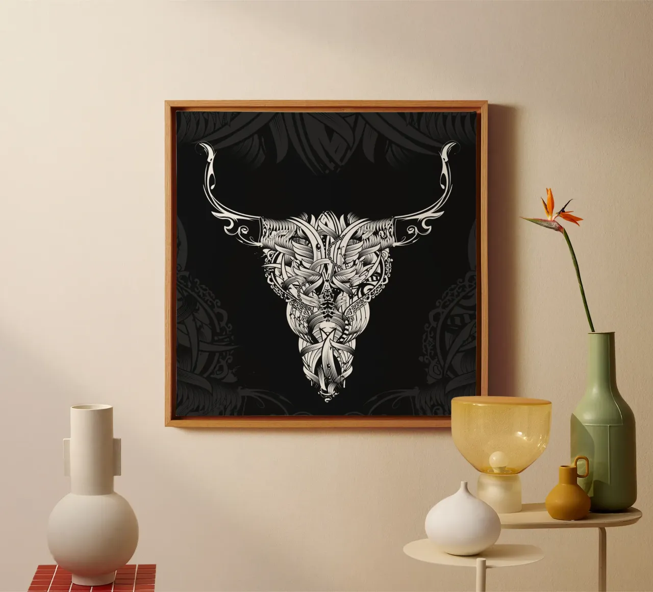 Teschio tribale longhorn - Grafica ornamentale in bianco e nero tela con Cornice a cassetta da NA/MO