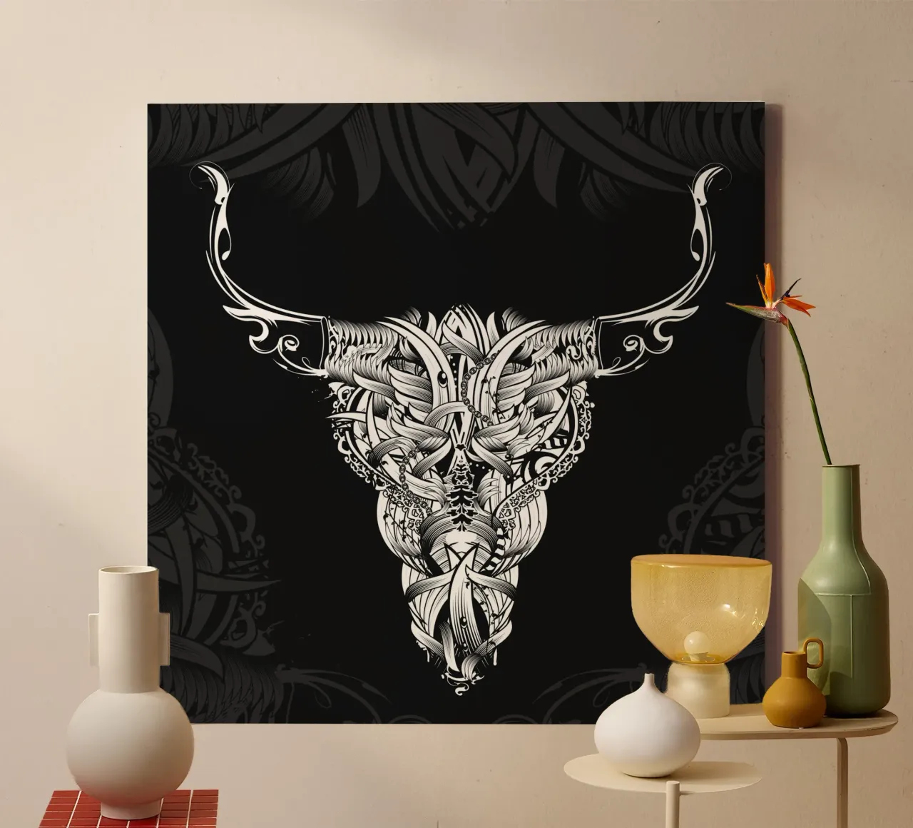 Teschio tribale longhorn - Grafica ornamentale in bianco e nero tela con Cornice a cassetta da NA/MO