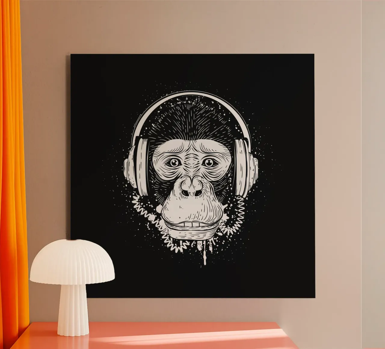 Scimmia cool con cuffie - design urbano in bianco e nero alluminio dibond da NA/MO