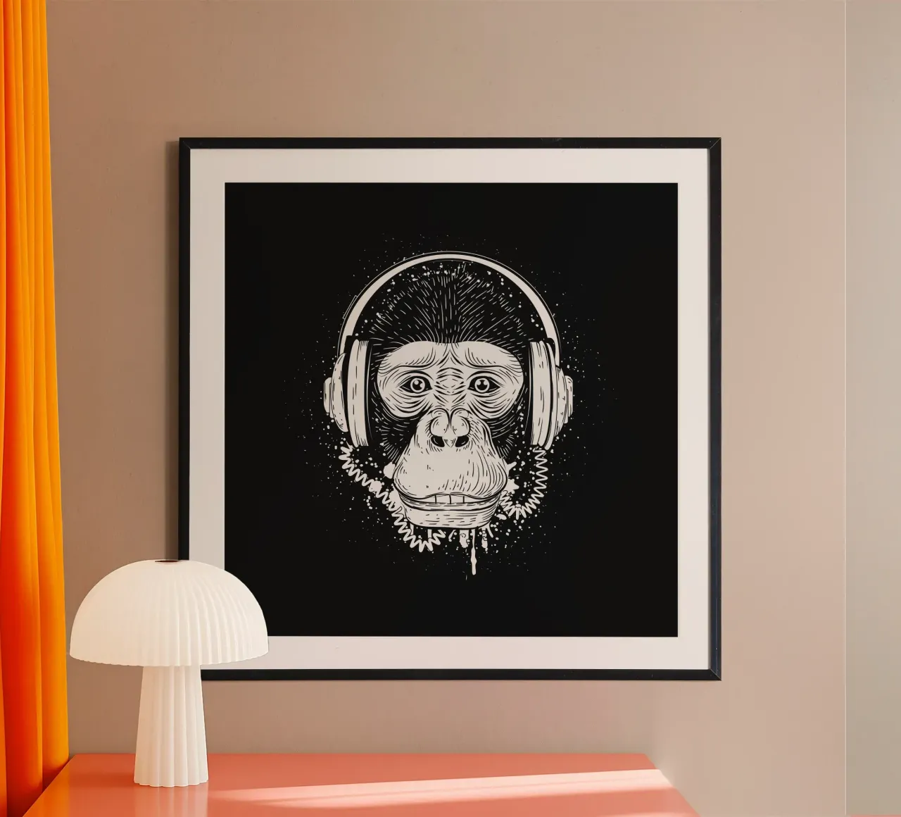 Scimmia cool con cuffie - design urbano in bianco e nero carta hahnemühle da NA/MO