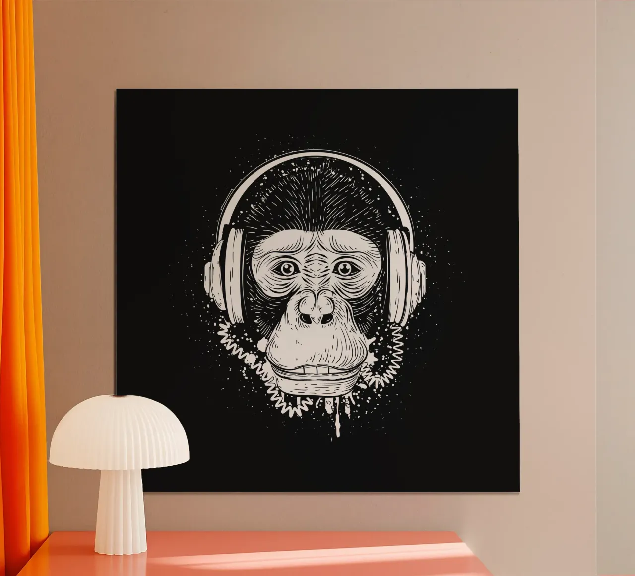 Scimmia cool con cuffie - design urbano in bianco e nero carta hahnemühle da NA/MO
