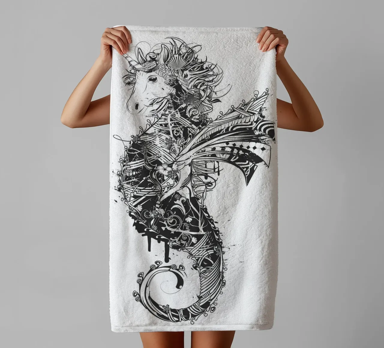 Imaginative seahorse with unicorn head -magical motif towel by NA/MO