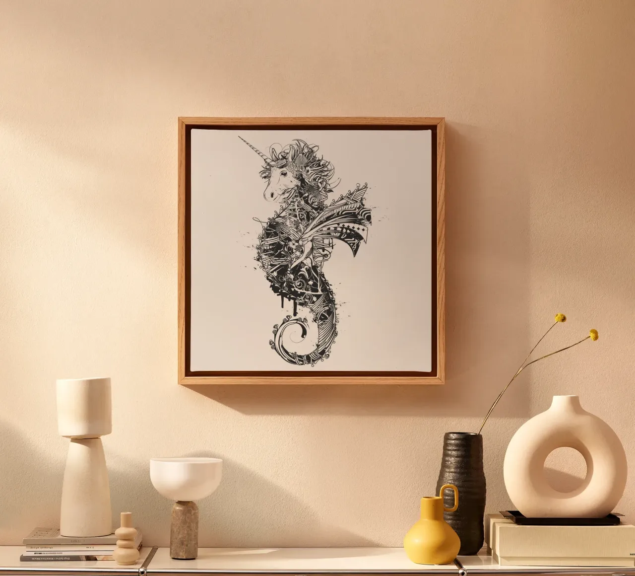 Imaginative seahorse with unicorn head -magical motif canvas with Floater frame by NA/MO