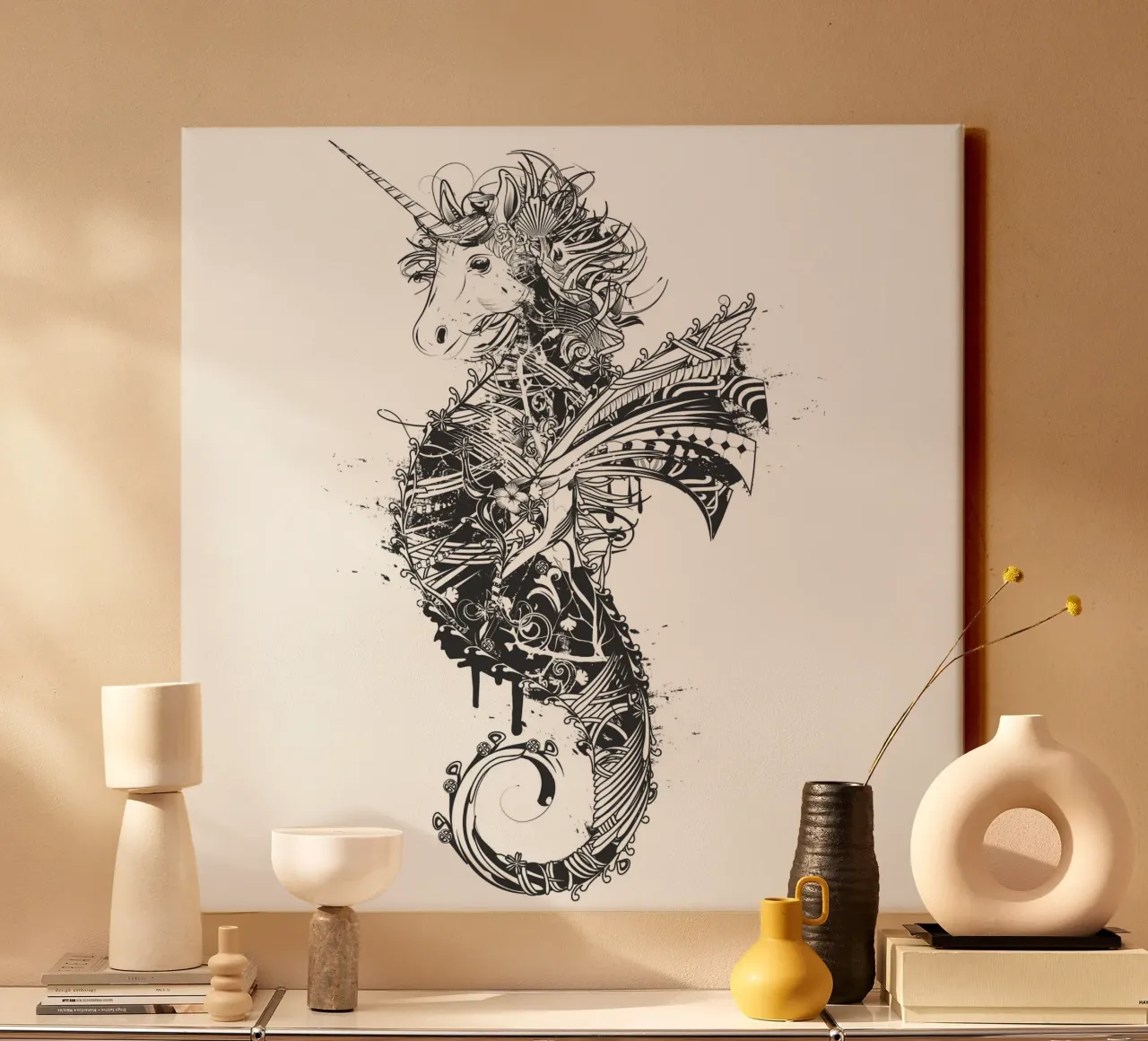 Imaginative seahorse with unicorn head -magical motif canvas with Floater frame by NA/MO