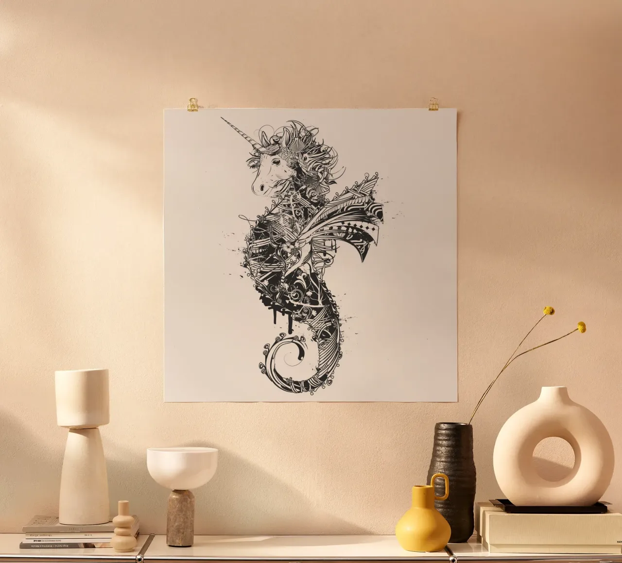 Fantasioso cavalluccio marino con testa di unicorno - motivo magico poster con telaio in legno da NA/MO