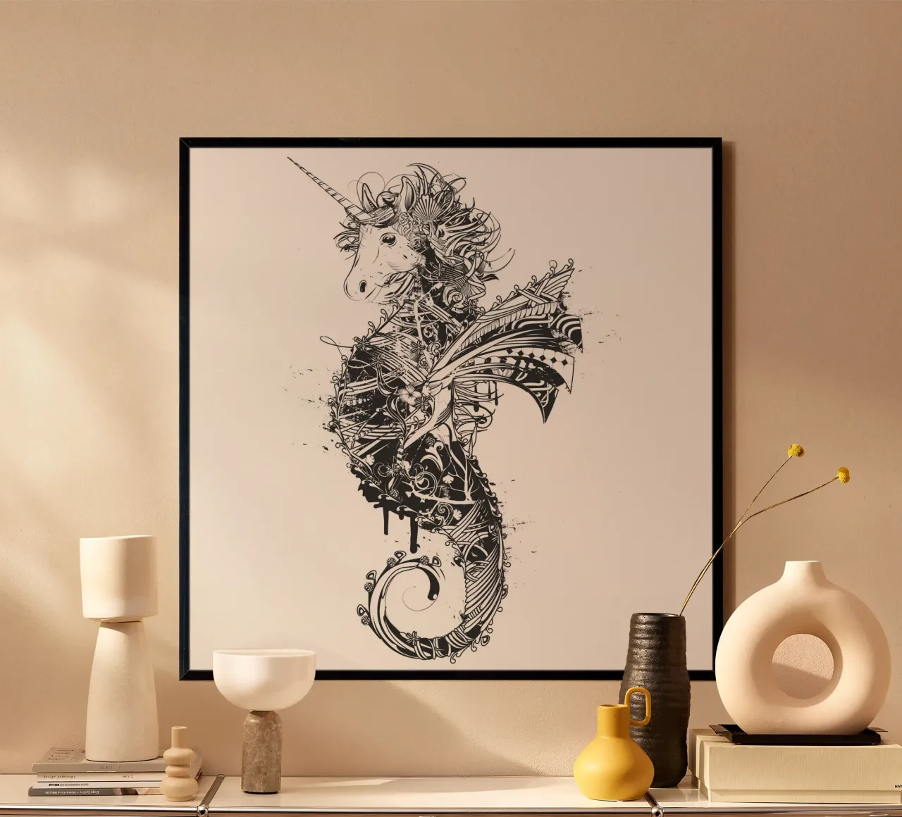 Fantasioso cavalluccio marino con testa di unicorno - motivo magico poster con telaio in legno da NA/MO
