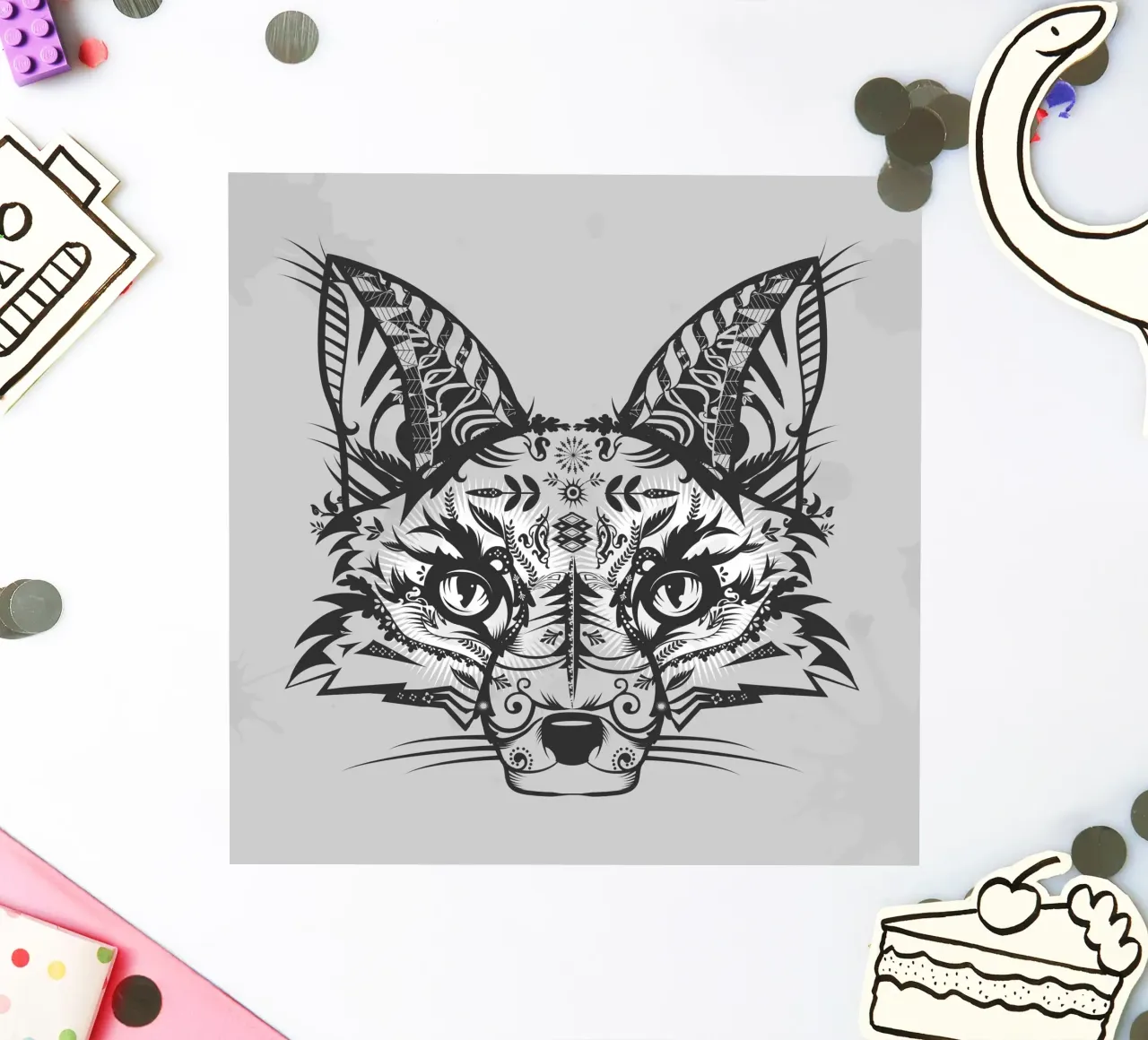 Mystical fox in ornamental line art style sticker by NA/MO