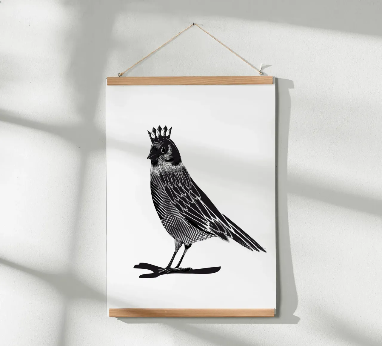 Royal bird - Black elegance with crown poster with wooden frame by NA/MO