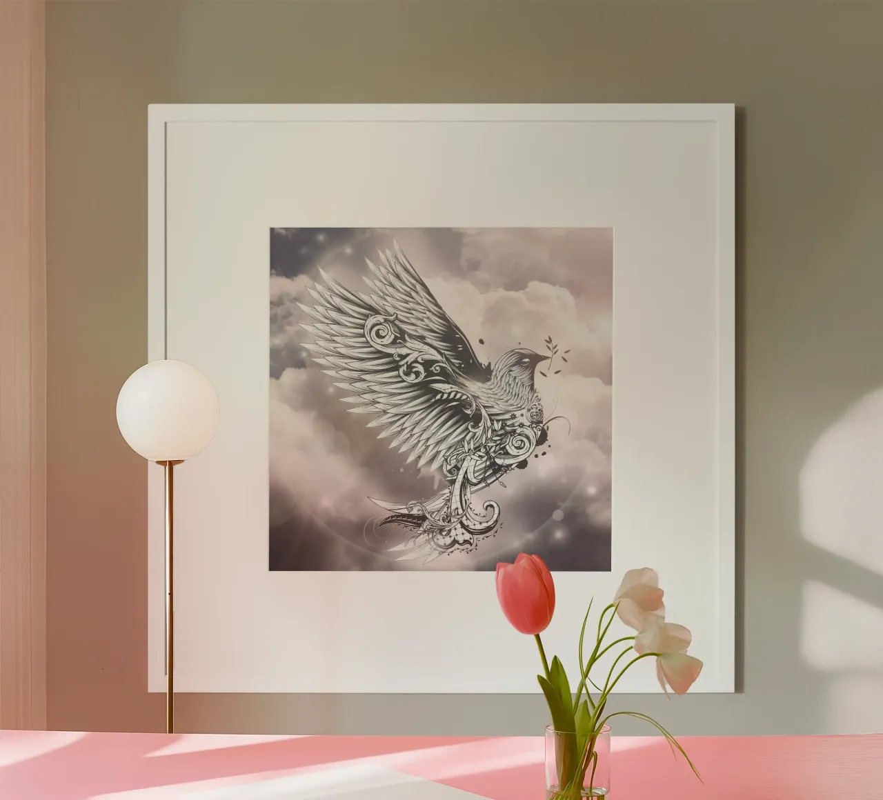 Messenger of peace - Ornamental dove in the sky poster with aluminum frame by NA/MO