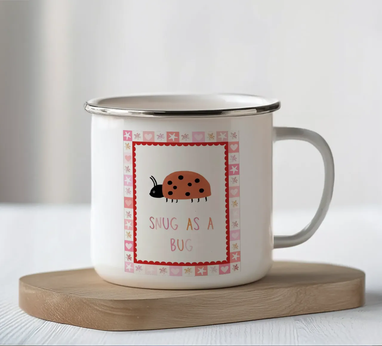 Snug as a bug, Ladybug Print, Nursery Wall Art enamel mug by SunshinePrints