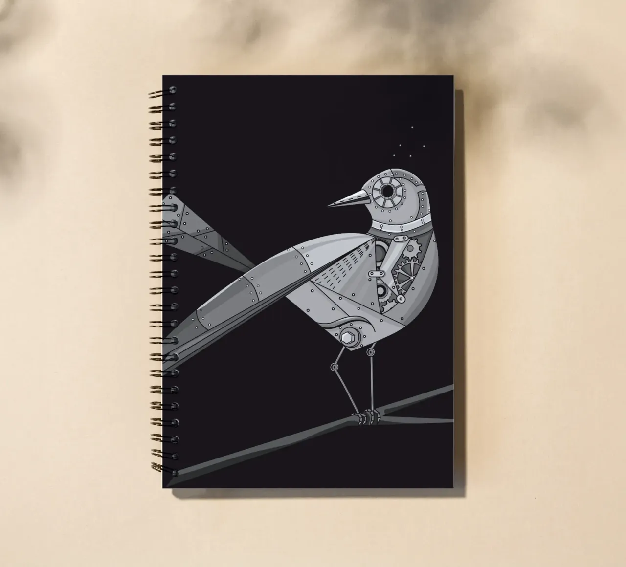 futuristic bird with cogwheel motif spiral notebook by NA/MO