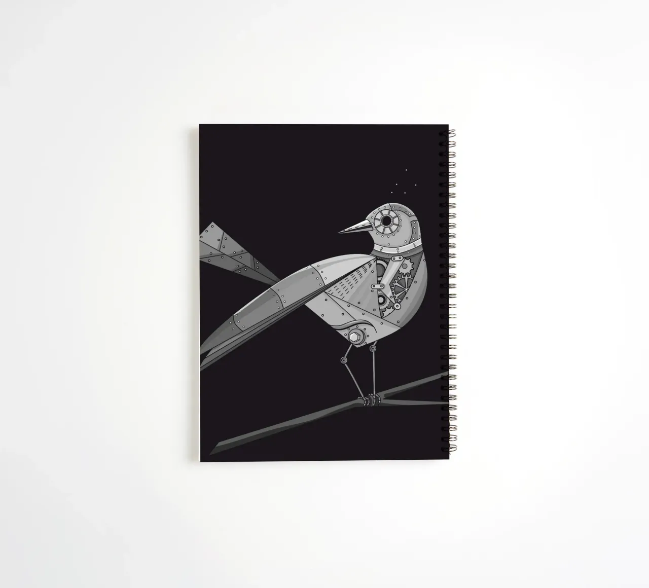 futuristic bird with cogwheel motif spiral notebook by NA/MO