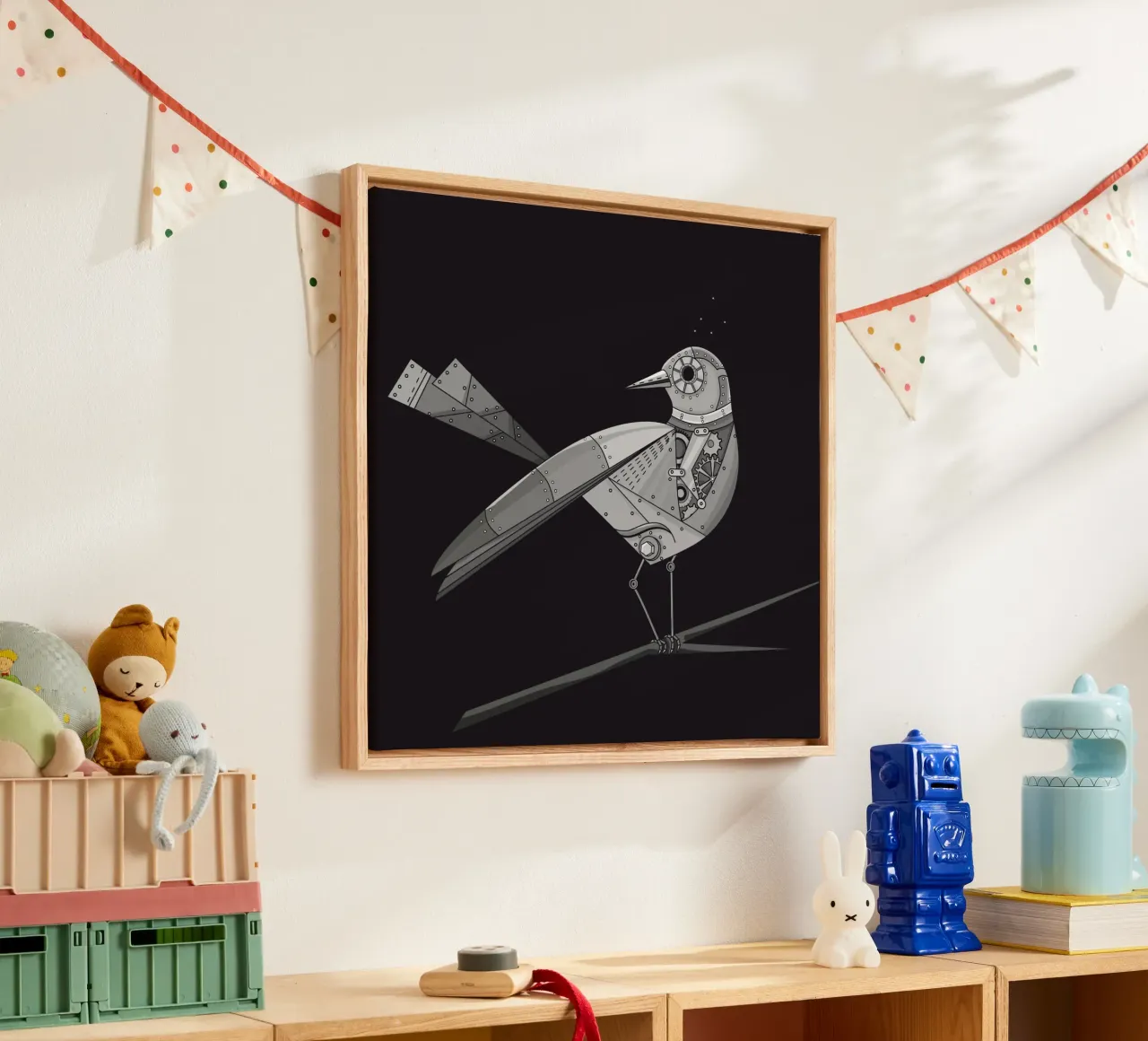 futuristic bird with cogwheel motif canvas by NA/MO