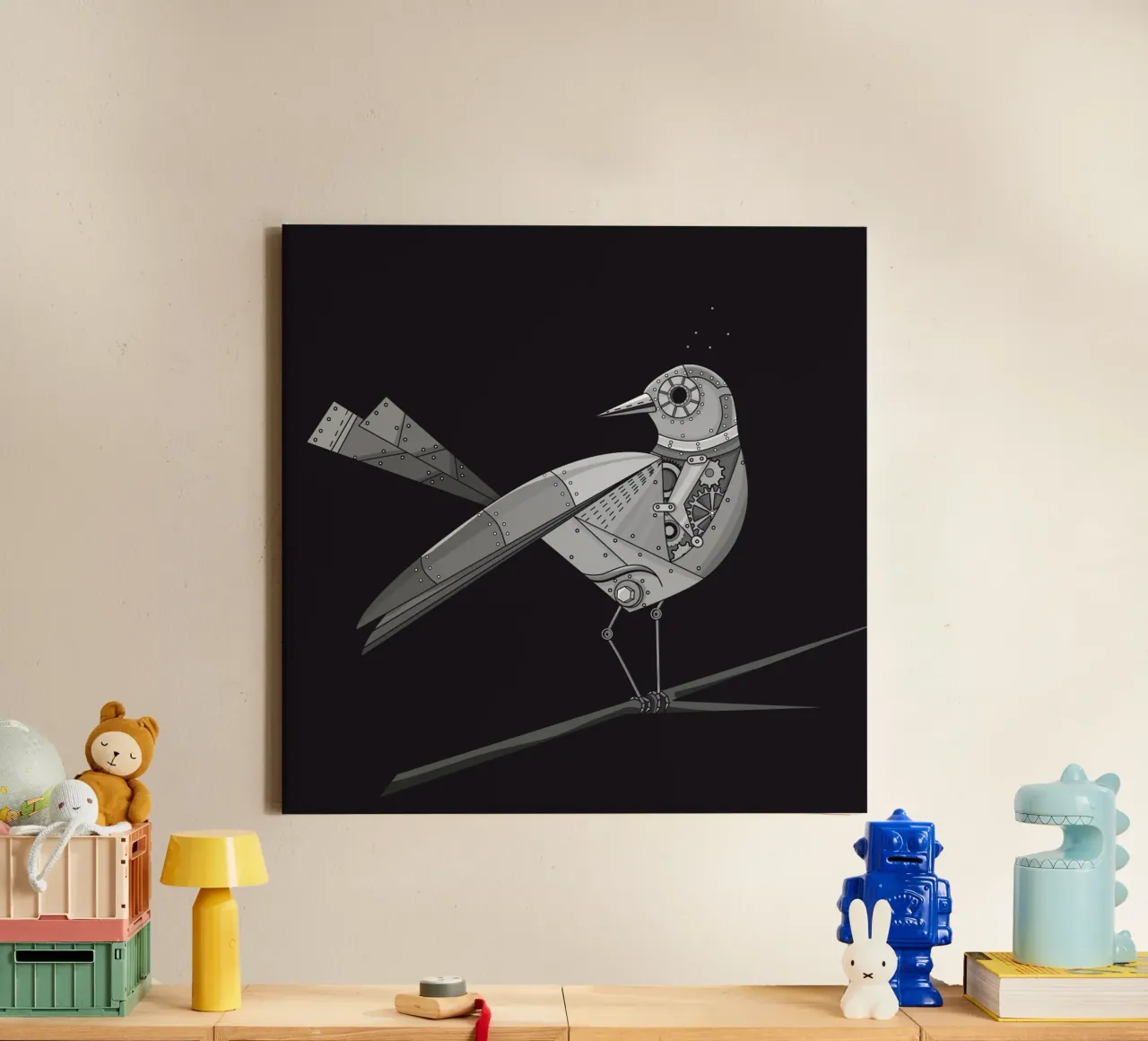 futuristic bird with cogwheel motif canvas by NA/MO