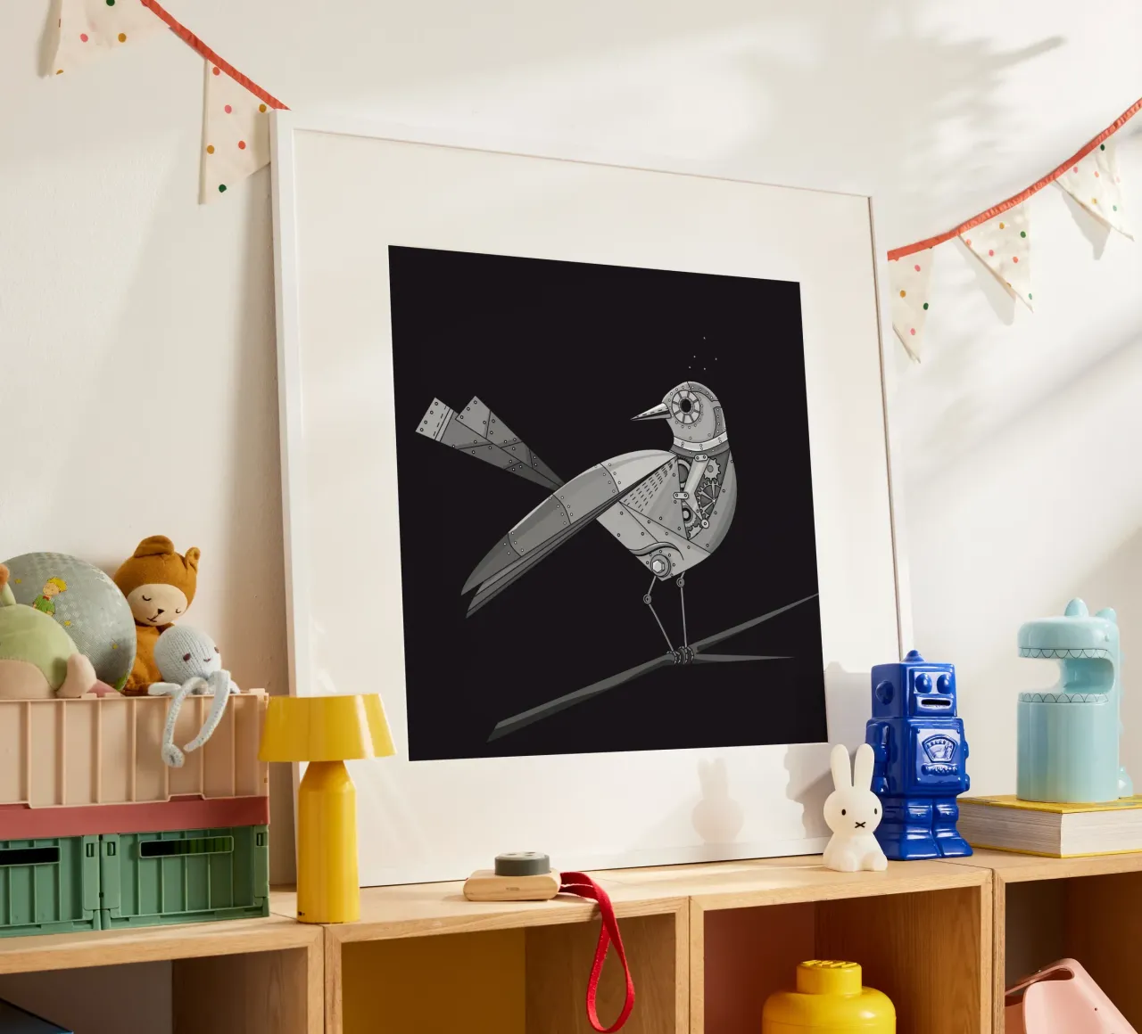 futuristic bird with cogwheel motif poster with aluminum frame by NA/MO