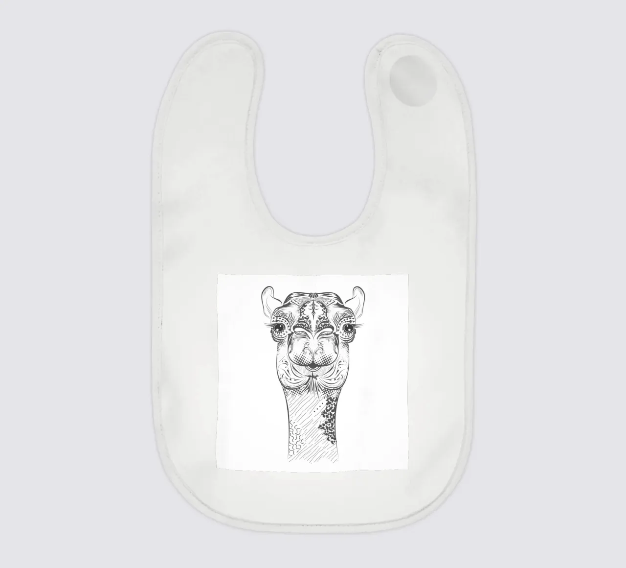 Smiling camel with ornate patterns baby bib by NA/MO