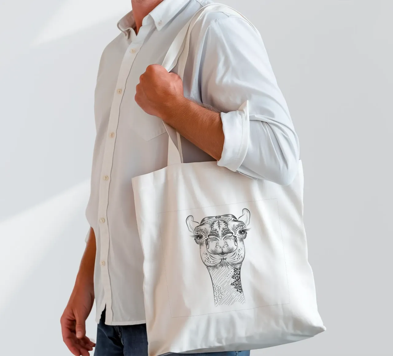 Smiling camel with ornate patterns tote bag by NA/MO