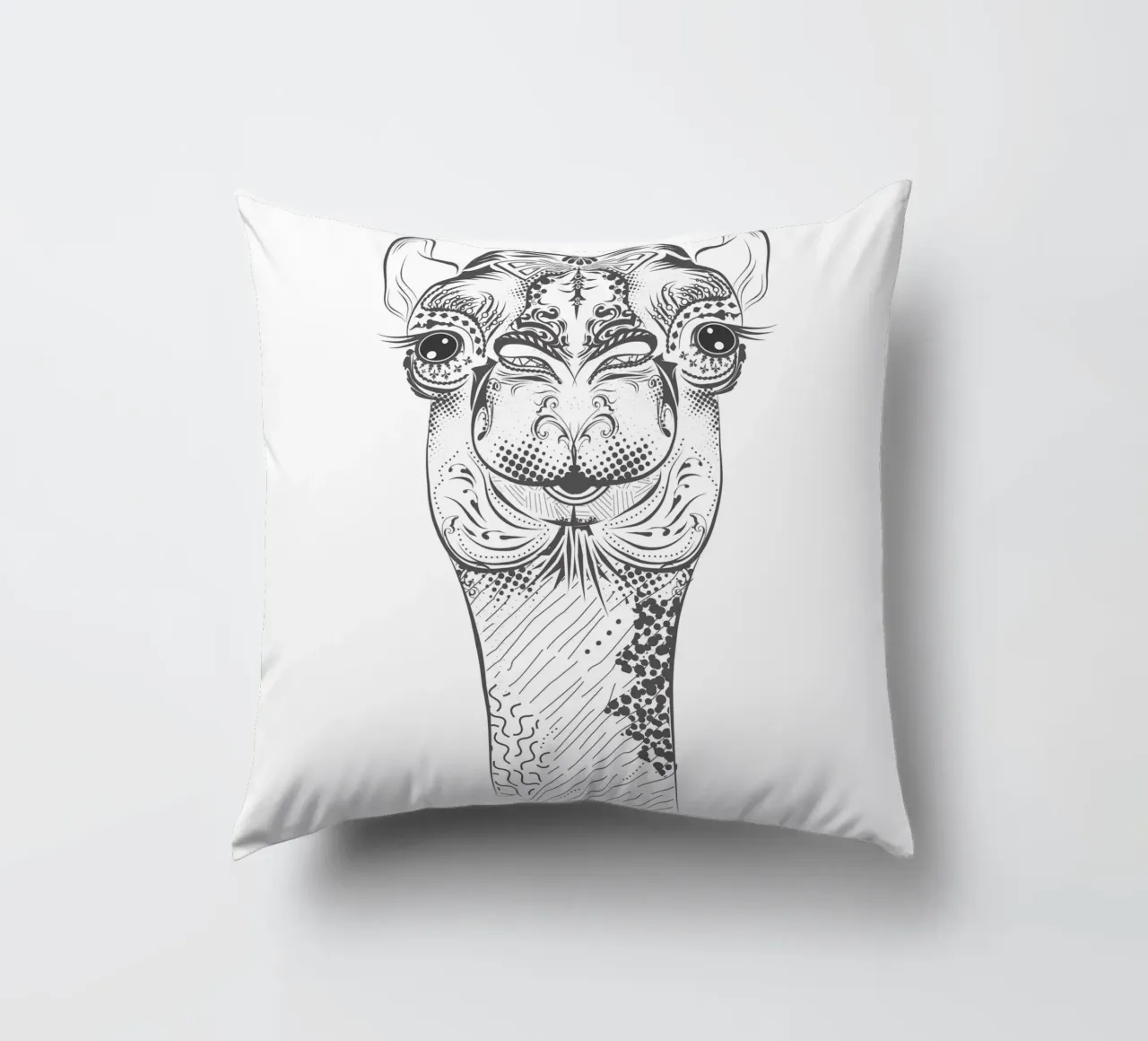 Smiling camel with ornate patterns decorative cushion by NA/MO