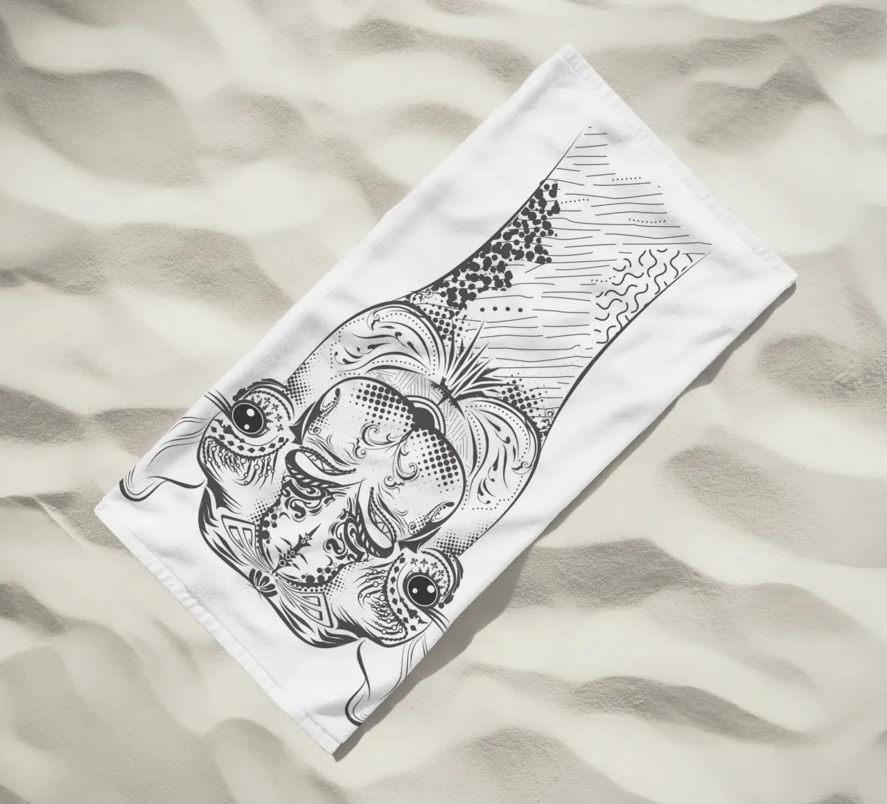 Smiling camel with ornate patterns beach towel by NA/MO