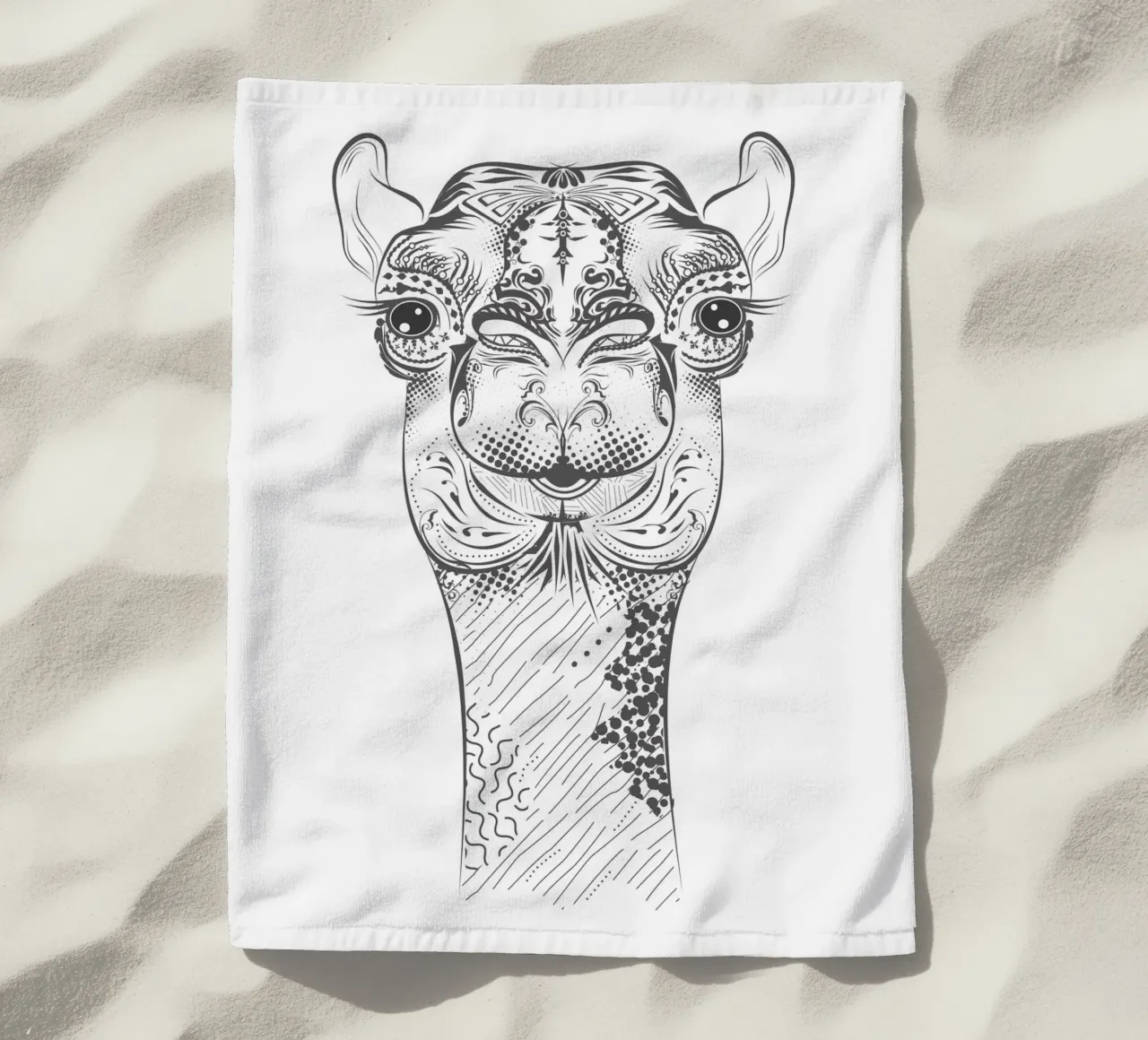 Smiling camel with ornate patterns beach towel by NA/MO