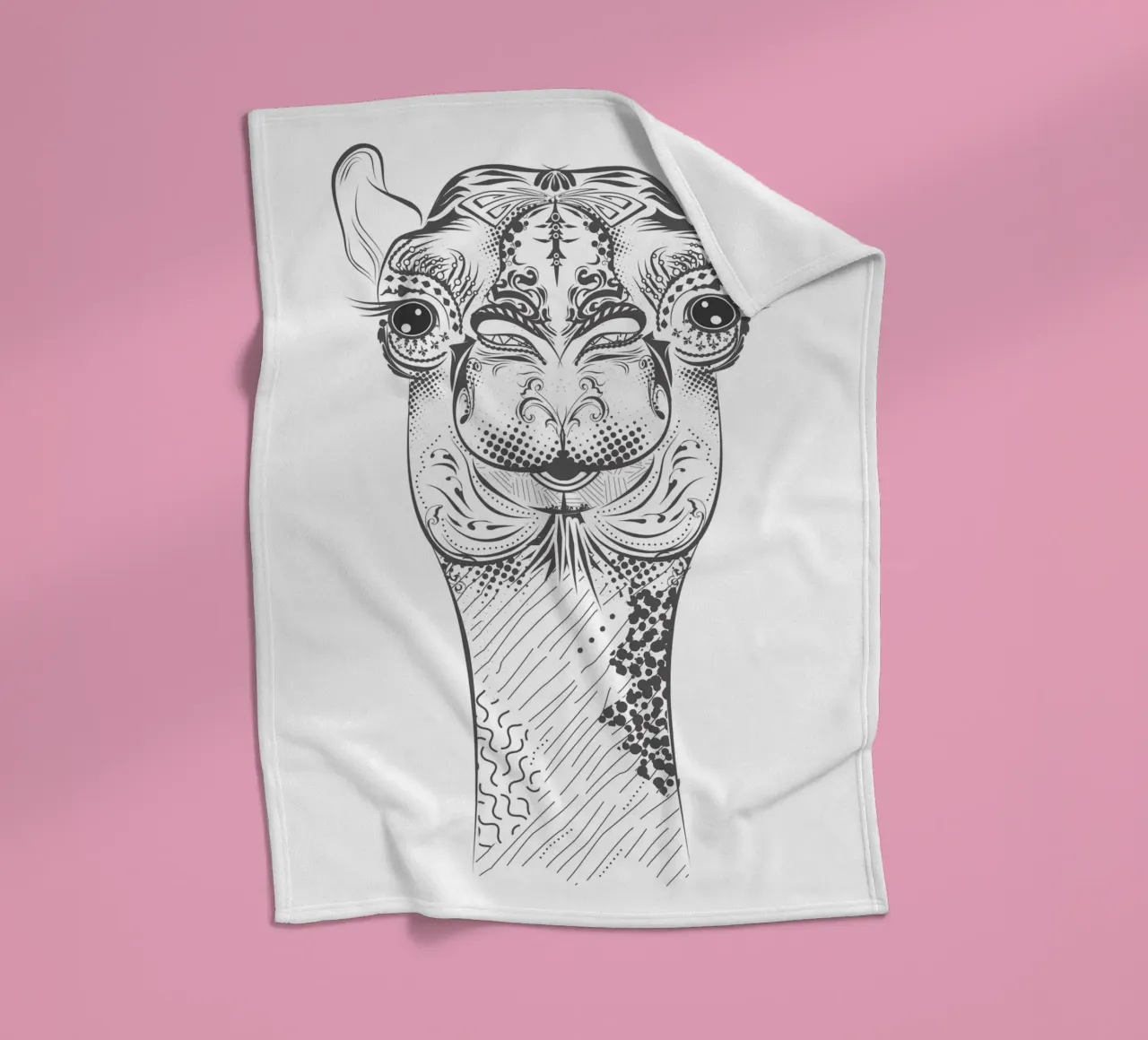 Smiling camel with ornate patterns fleece blanket by NA/MO