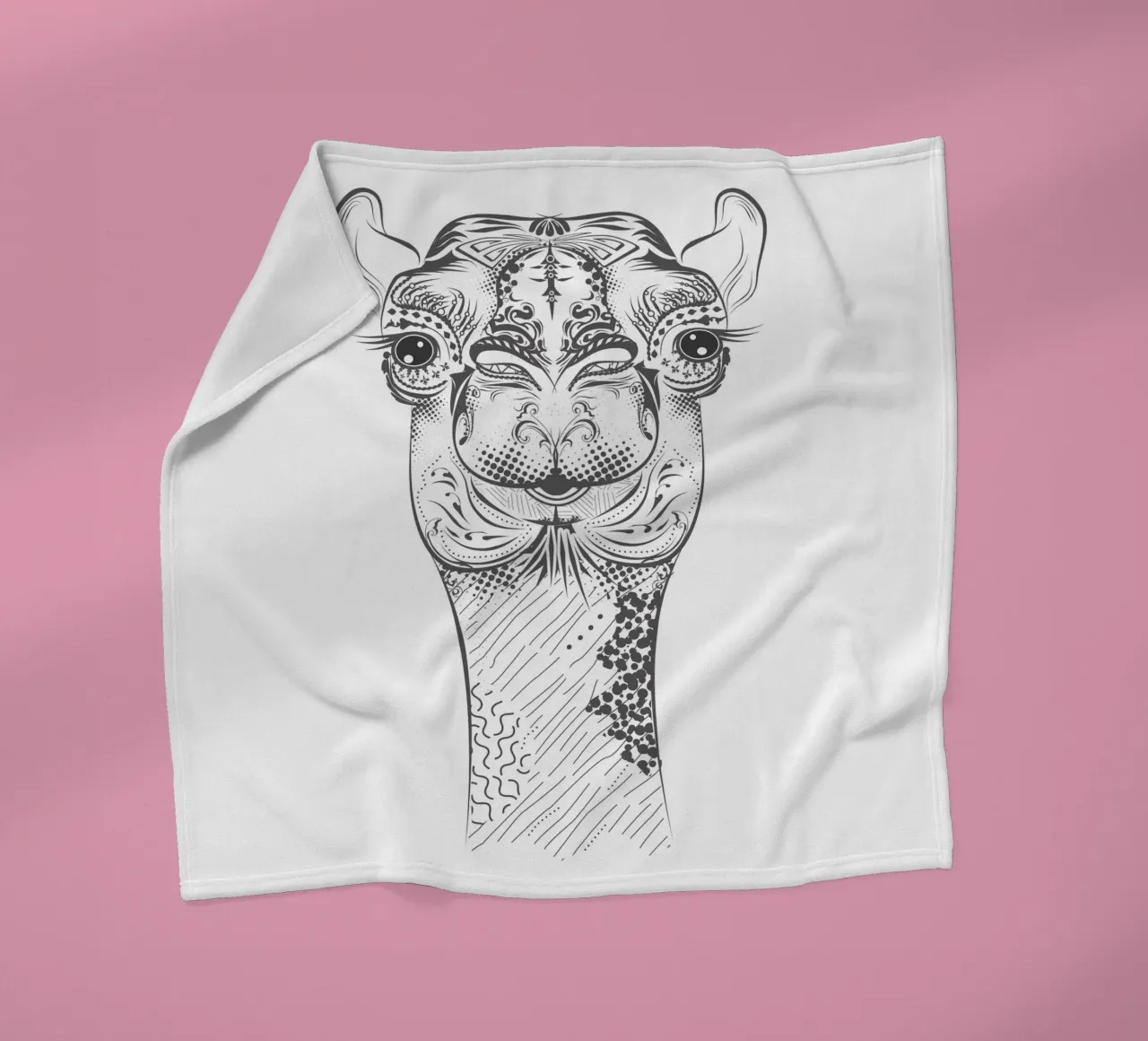 Smiling camel with ornate patterns fleece blanket by NA/MO