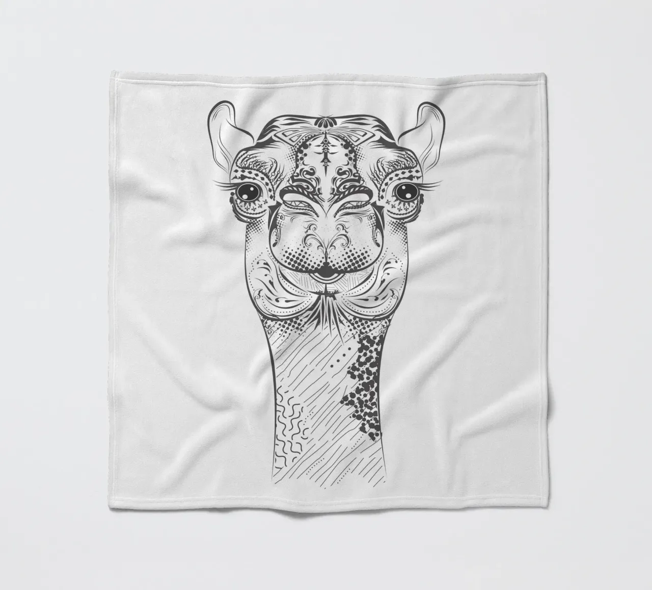 Smiling camel with ornate patterns fleece blanket by NA/MO