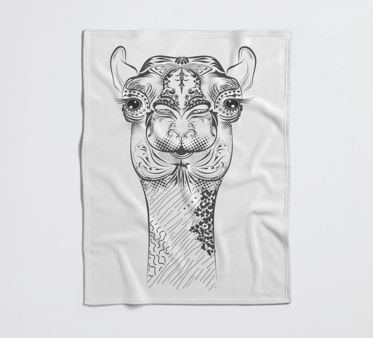 Smiling camel with ornate patterns fleece blanket by NA/MO