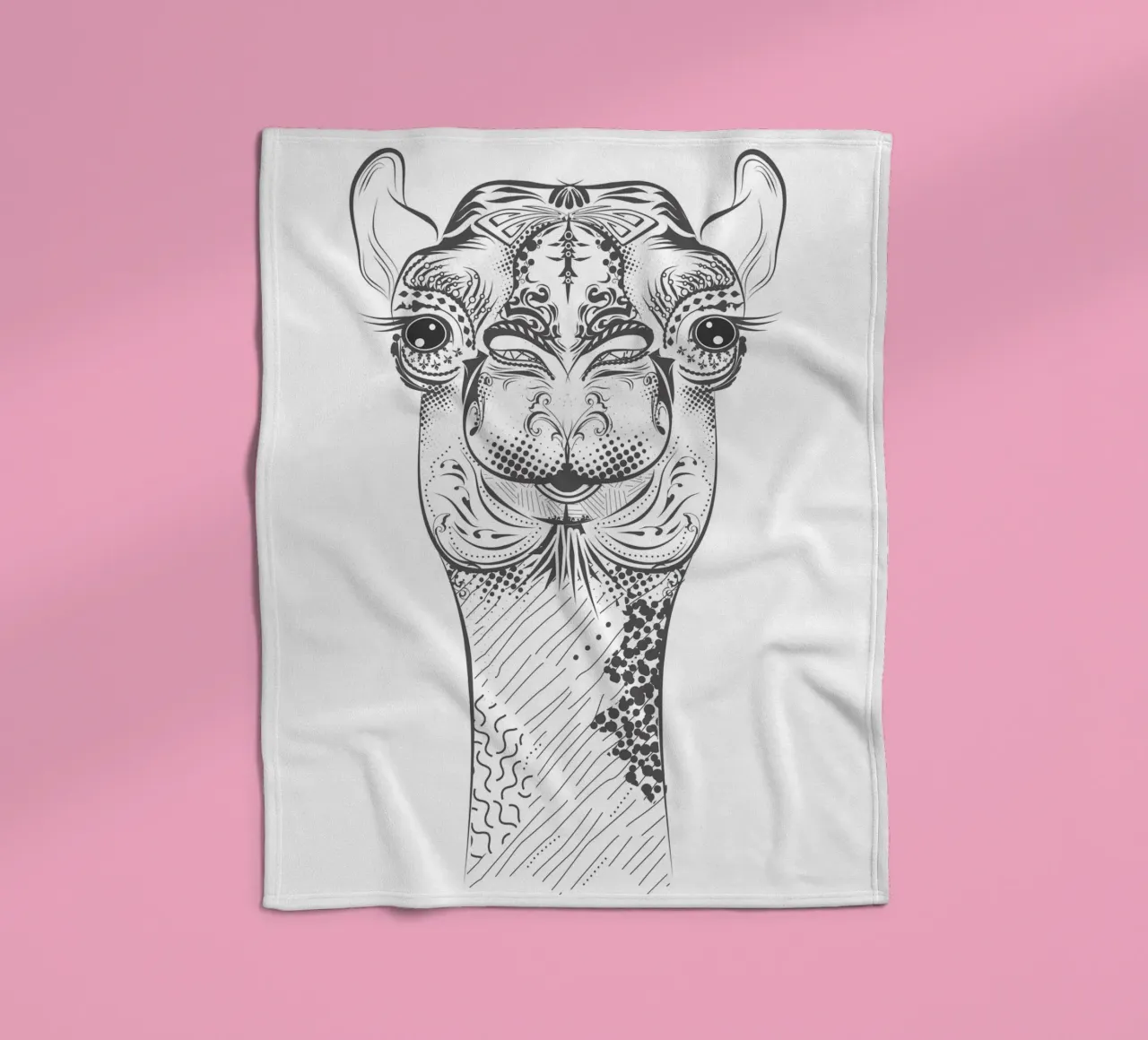 Smiling camel with ornate patterns fleece blanket by NA/MO