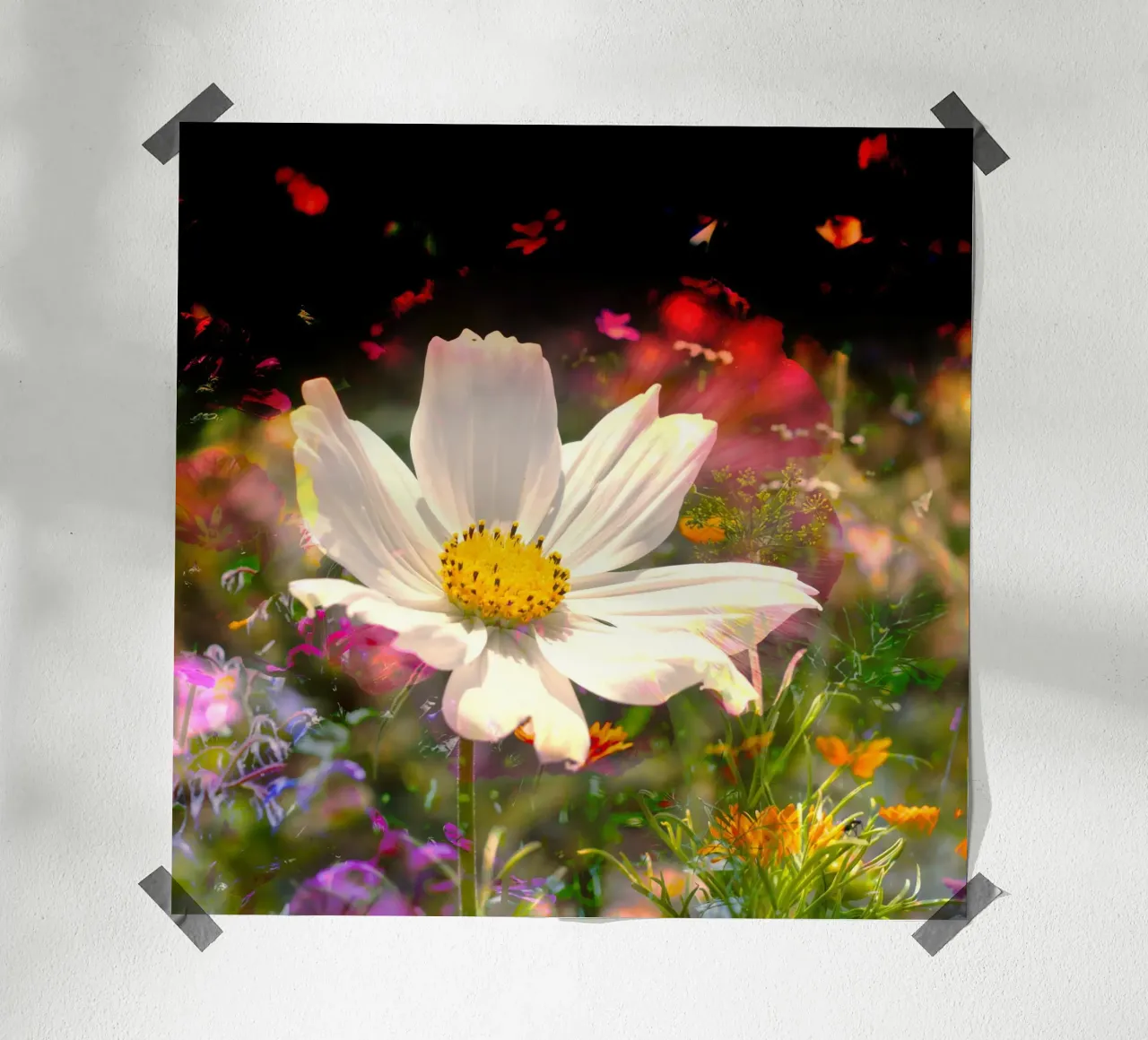 white flower stands brightly in the centre of a field of flowers poster by NA/MO