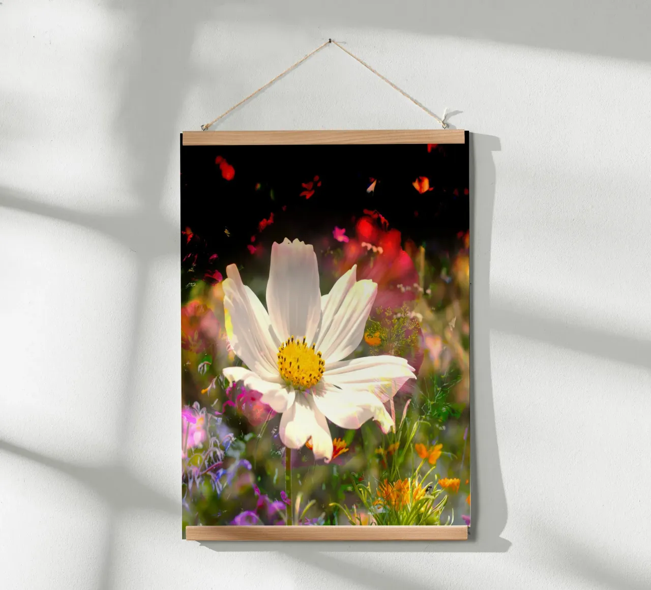 white flower stands brightly in the centre of a field of flowers poster by NA/MO