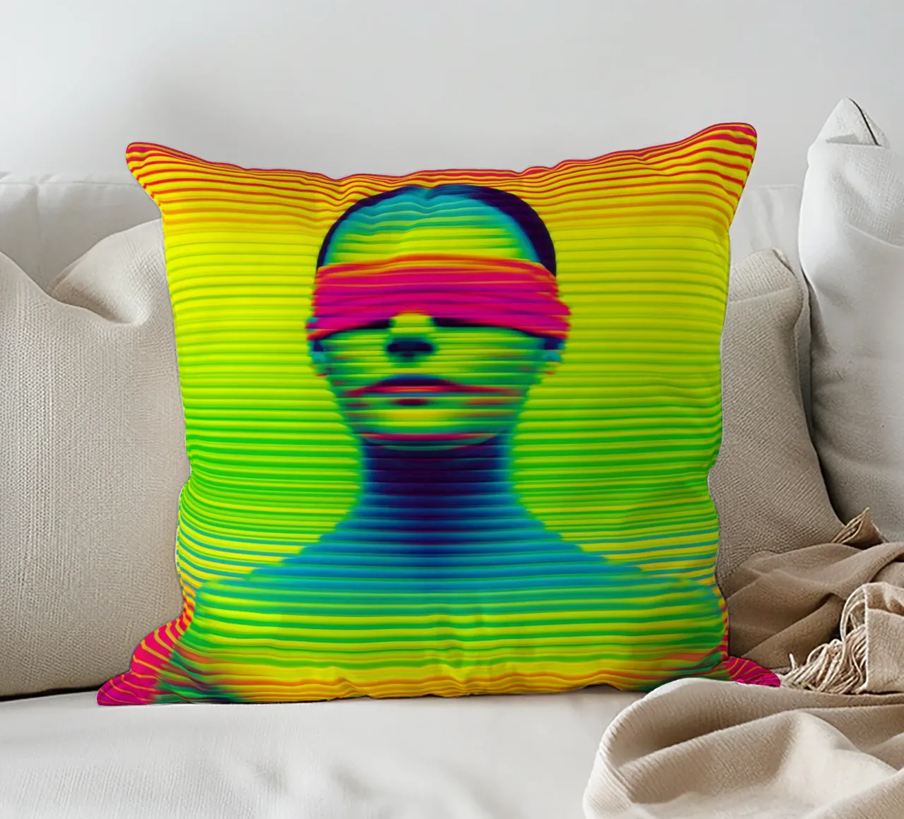 Donna al neon con occhi bendati | Digital Op-Art cuscino da Autofocus