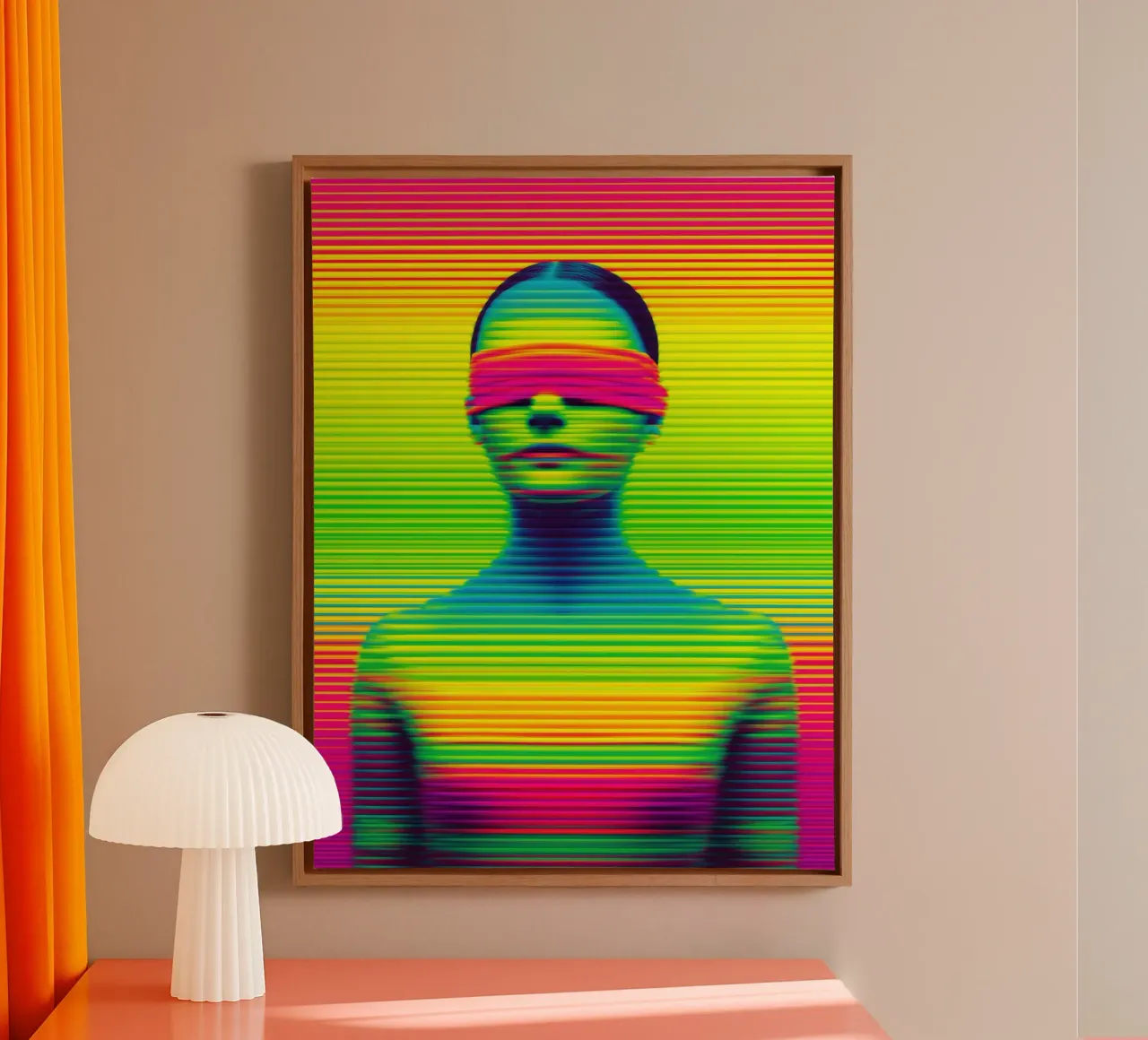 Neon vrouw met geblinddoekte ogen | Digital Op-Art canvas met Baklijst van Autofocus