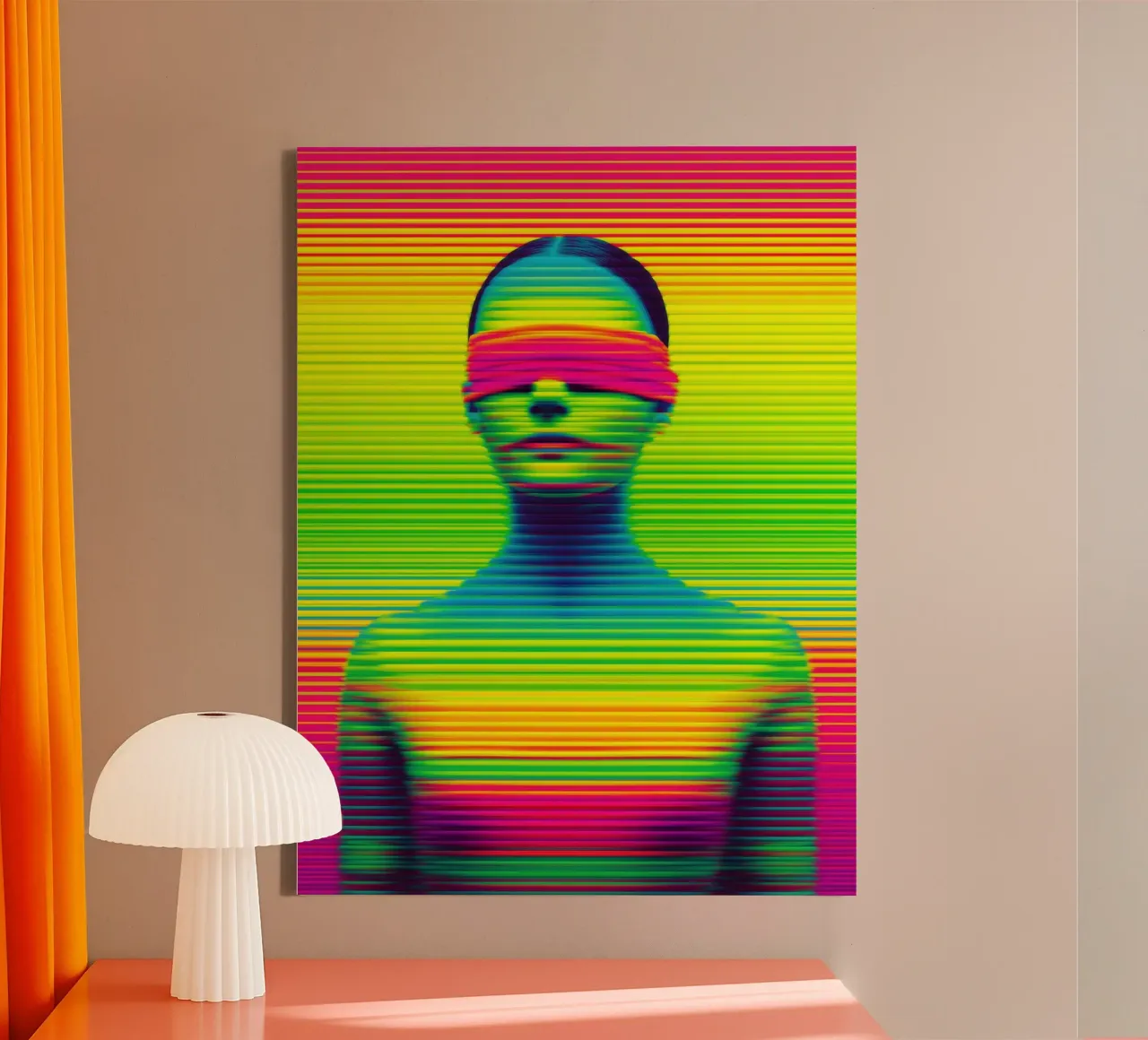 Neon vrouw met geblinddoekte ogen | Digital Op-Art canvas met Baklijst van Autofocus