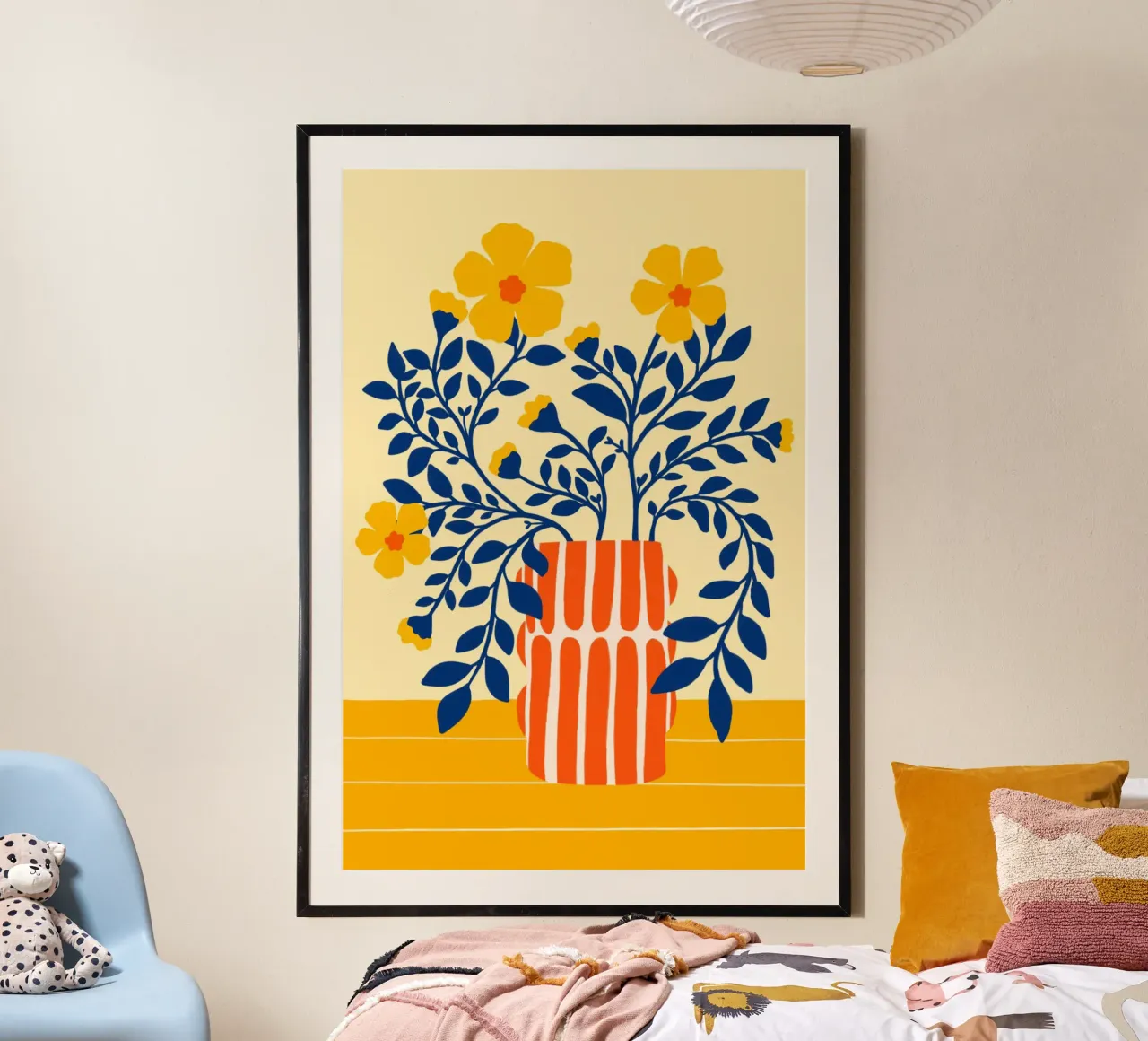 Yellow flowers in striped Vase poster con telaio in plastica da Tida vom Weg