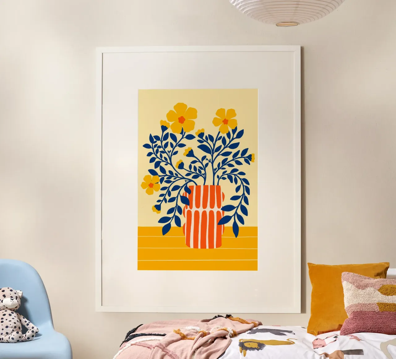 Yellow flowers in striped Vase poster con telaio in plastica da Tida vom Weg
