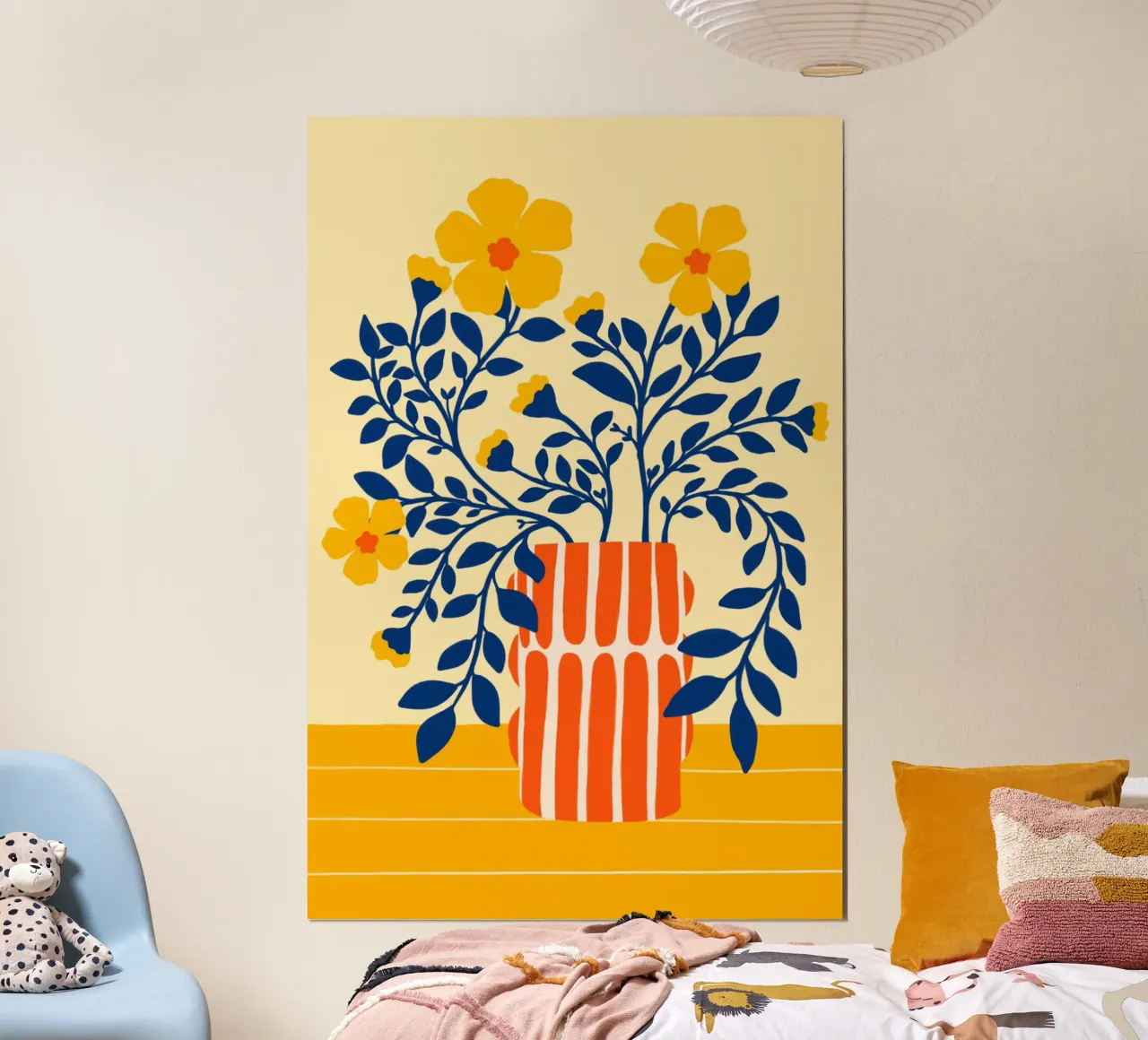 Yellow flowers in striped Vase poster con telaio in plastica da Tida vom Weg
