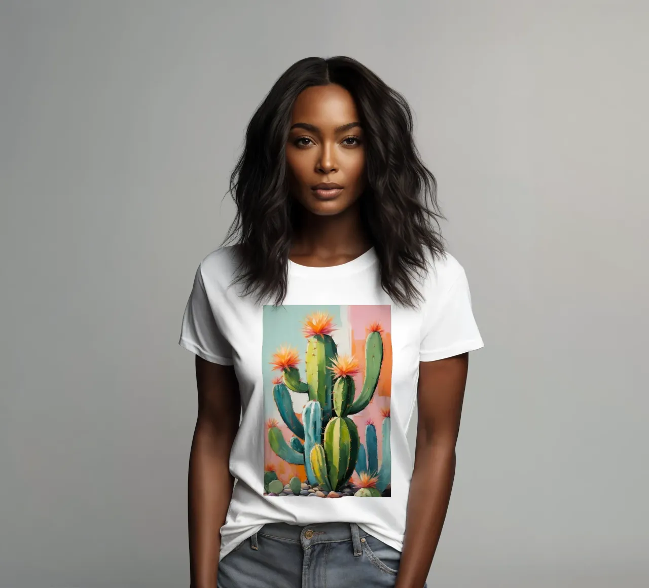 Sunset Cactus Garden women's fitted t-shirt by Indigo Rain