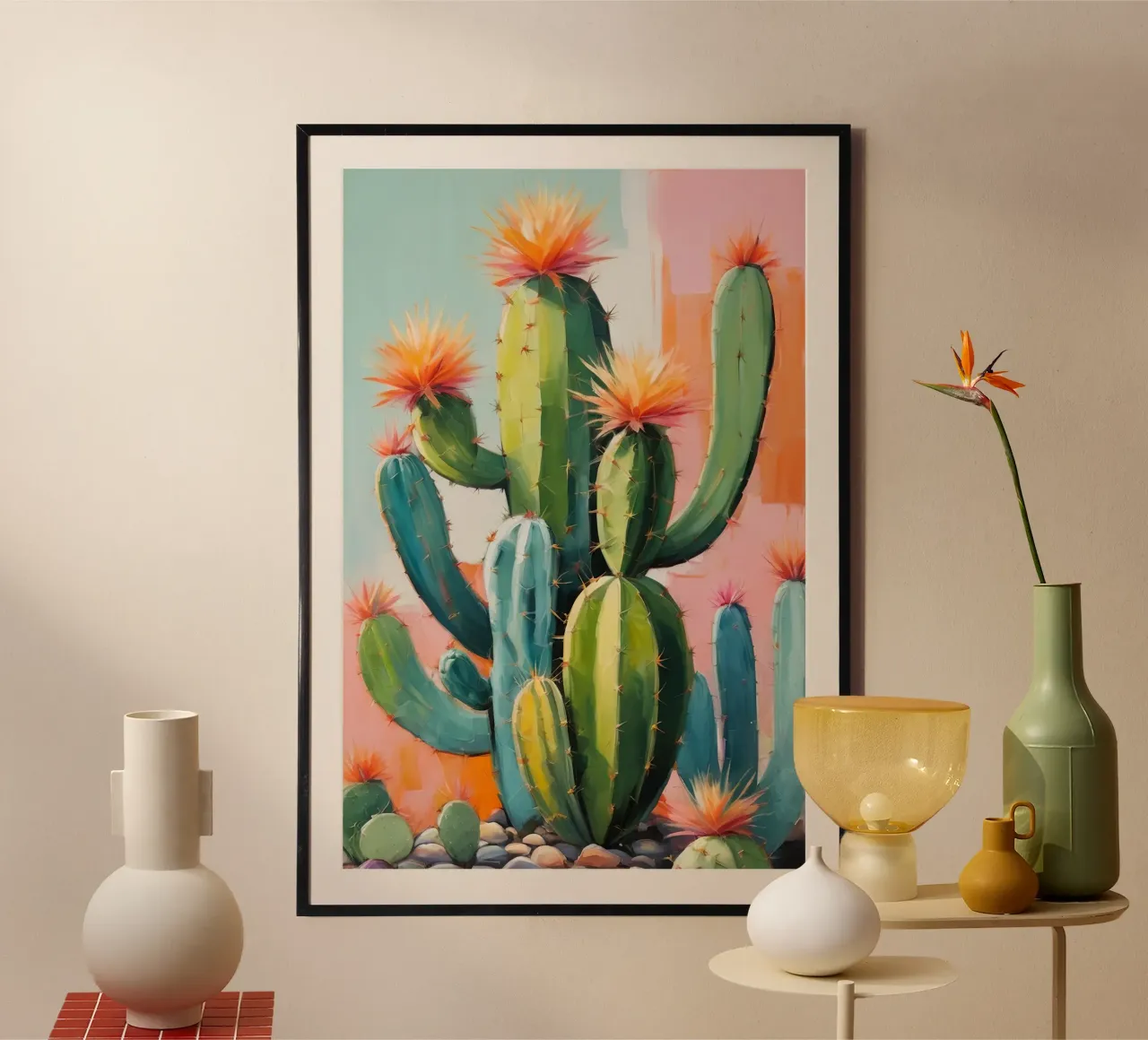 Sunset Cactus Garden poster con telaio in legno da Indigo Rain