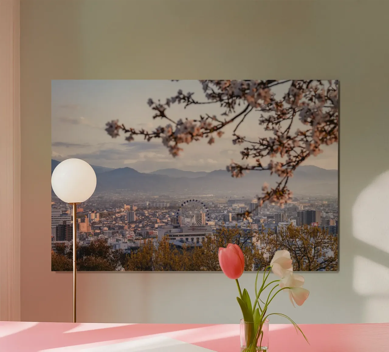 Vista sulla città dei ciliegi in fiore a Matsuyama, Giappone poster con telaio in plastica da Marcel Bisig
