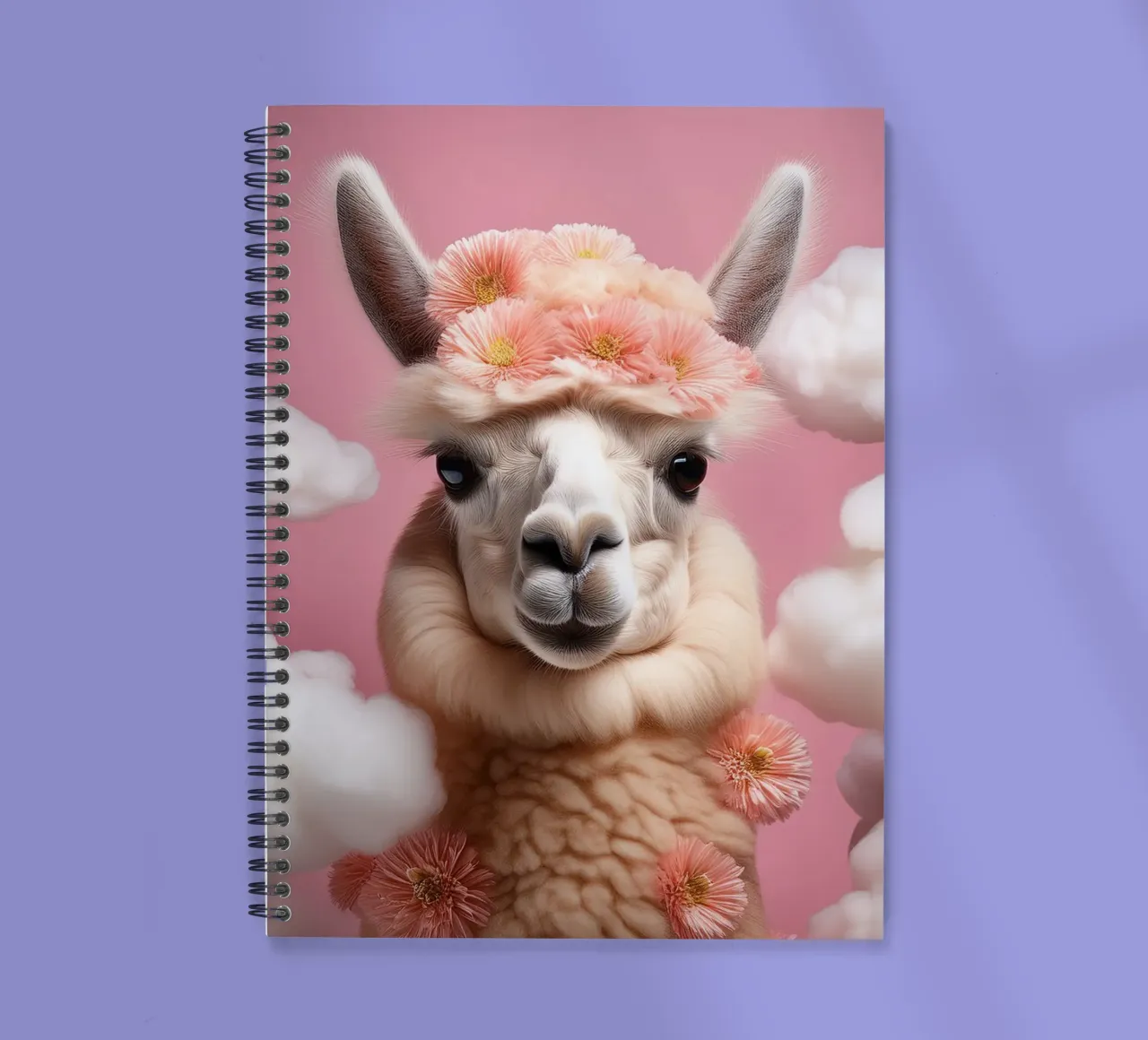 Lama con corona di fiori in un paesaggio nuvoloso da sogno - Boho Animal diario ad anelli da FlexiDesignsByK