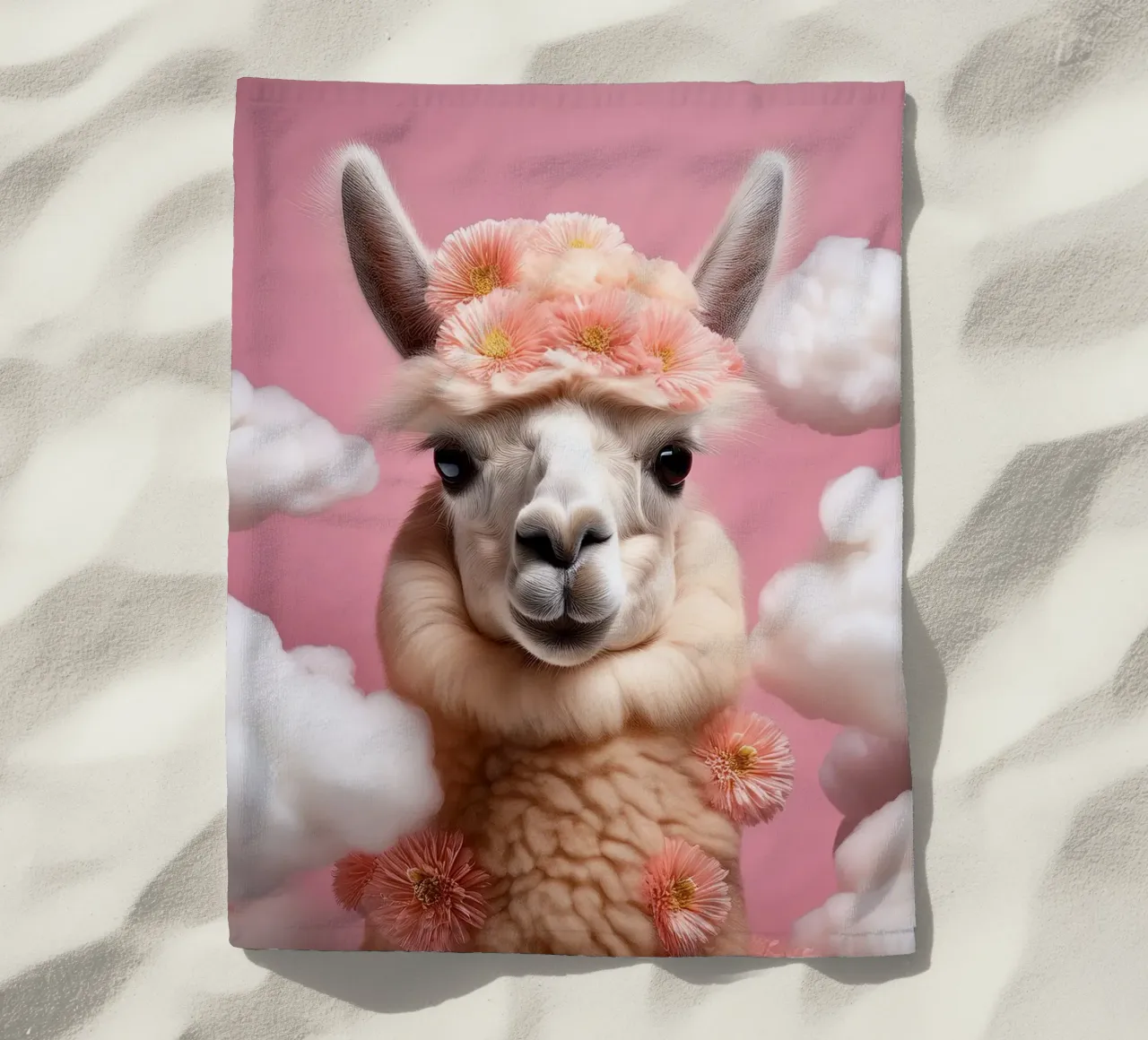 Lama con corona di fiori in un paesaggio nuvoloso da sogno - Boho Animal telo mare da FlexiDesignsByK