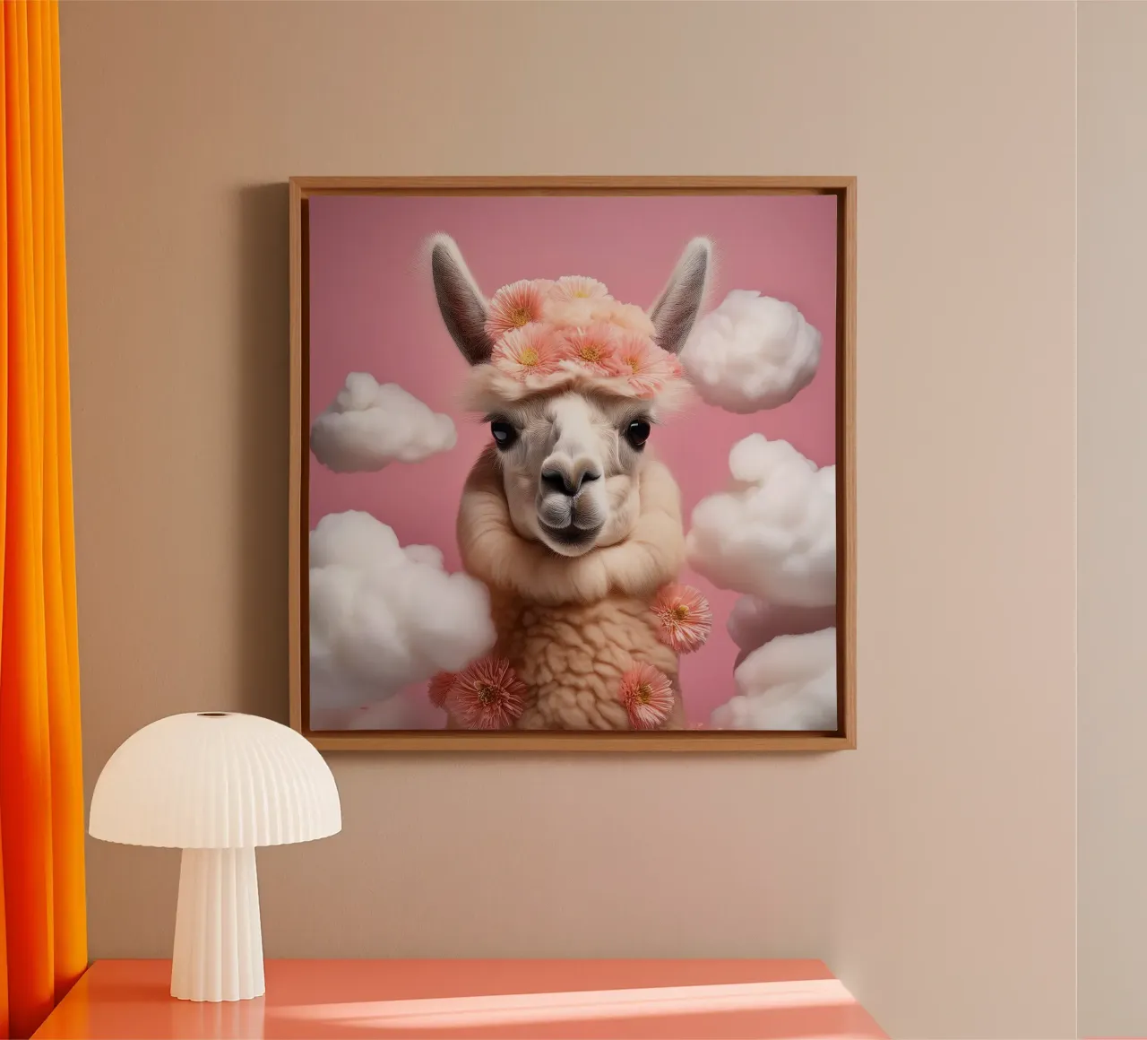 Blumengekröntes Lama in einer verträumten Wolkenlandschaft - Boho Animal Leinwand mit Schattenfugenrahmen von FlexiDesignsByK
